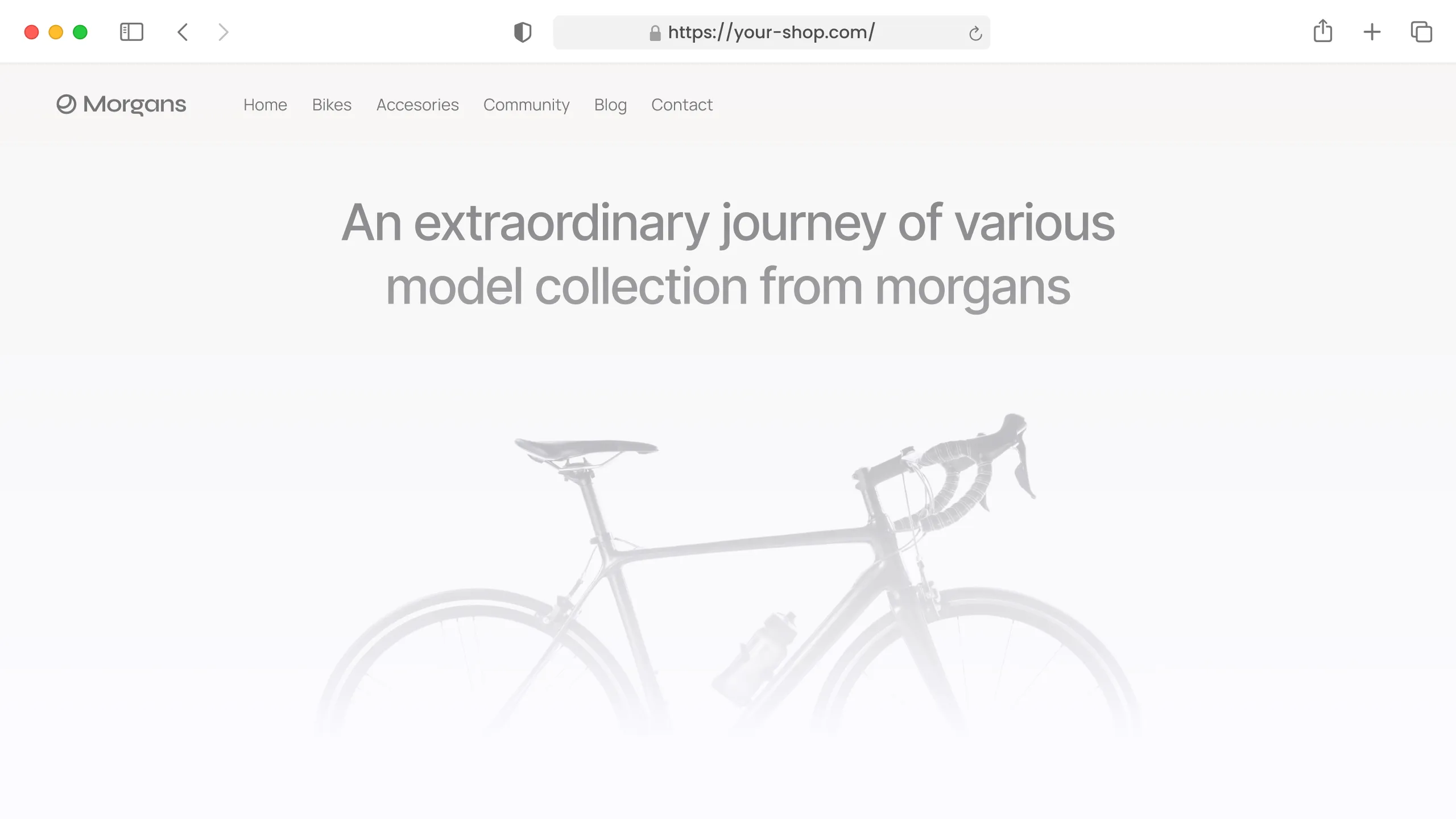 Website homepage showing a bicycle image and text about Morgans bike collection.