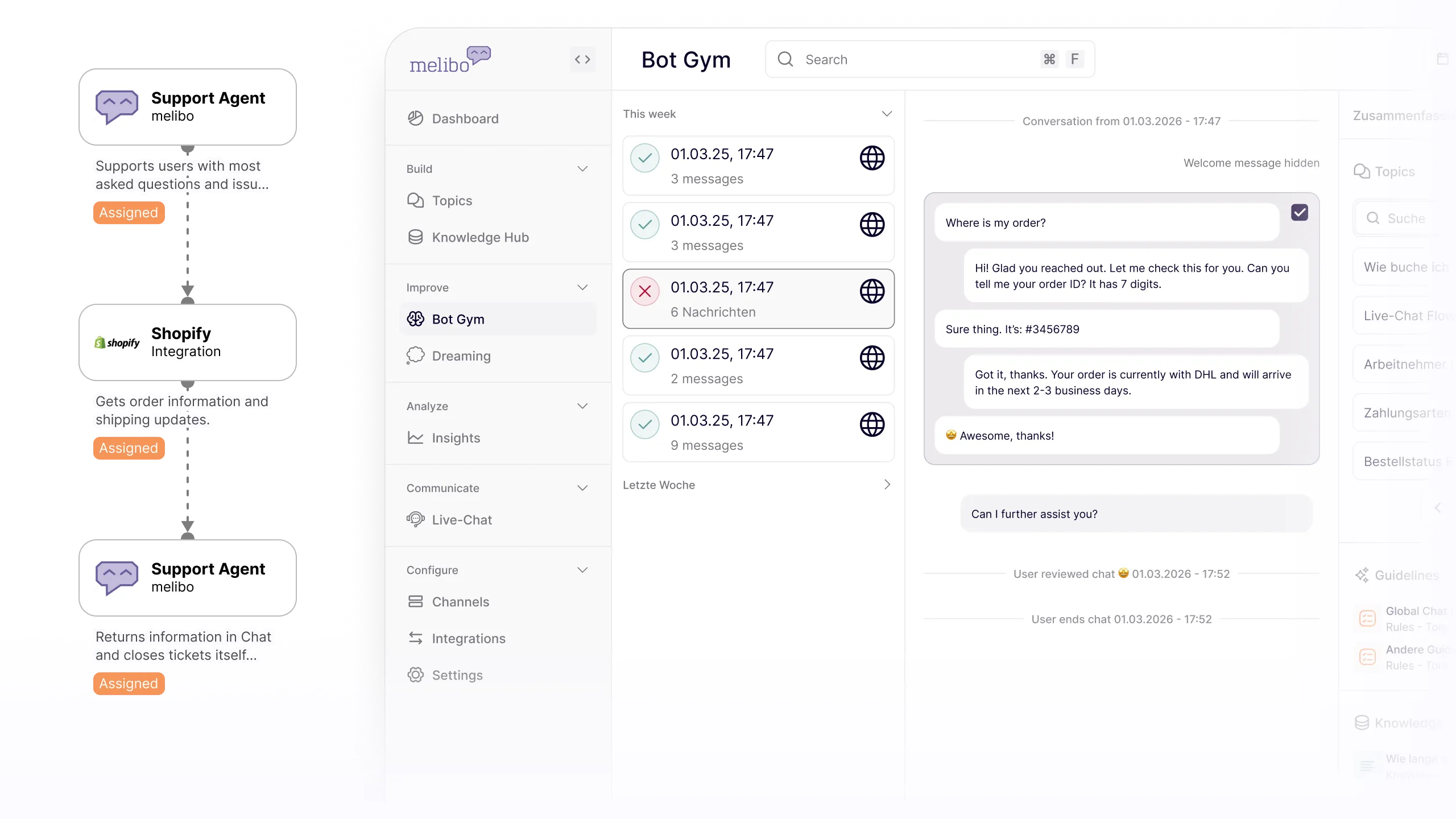 Chatbot interface showing order inquiry with Shopify integration and support agent responses.