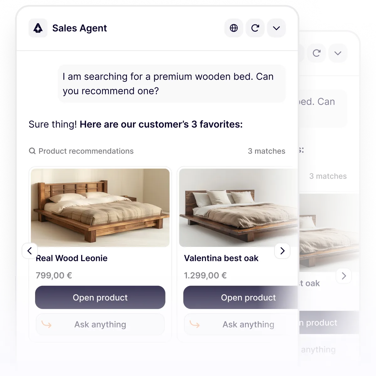 Chat interface showing wooden bed recommendations with images, names, and prices in euros.
