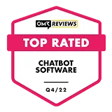 OMR Reviews Top Rated Chatbot Software badge for Q4 2022 in pink and white.