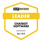 Hexagonal badge with OMR Reviews and text 'Leader Chatbot Software Q1 23' in gold and white.