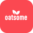 White text reading oatsome with a leaf design above the letter o on a red background.