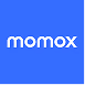 The white momox logo on a bright blue background.