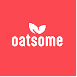 Oatsome logo with white text and leaf icon on red background.