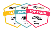 Three overlapping badges labeled Learning, Watchlist, and Top Rated for chatbot software with dates.