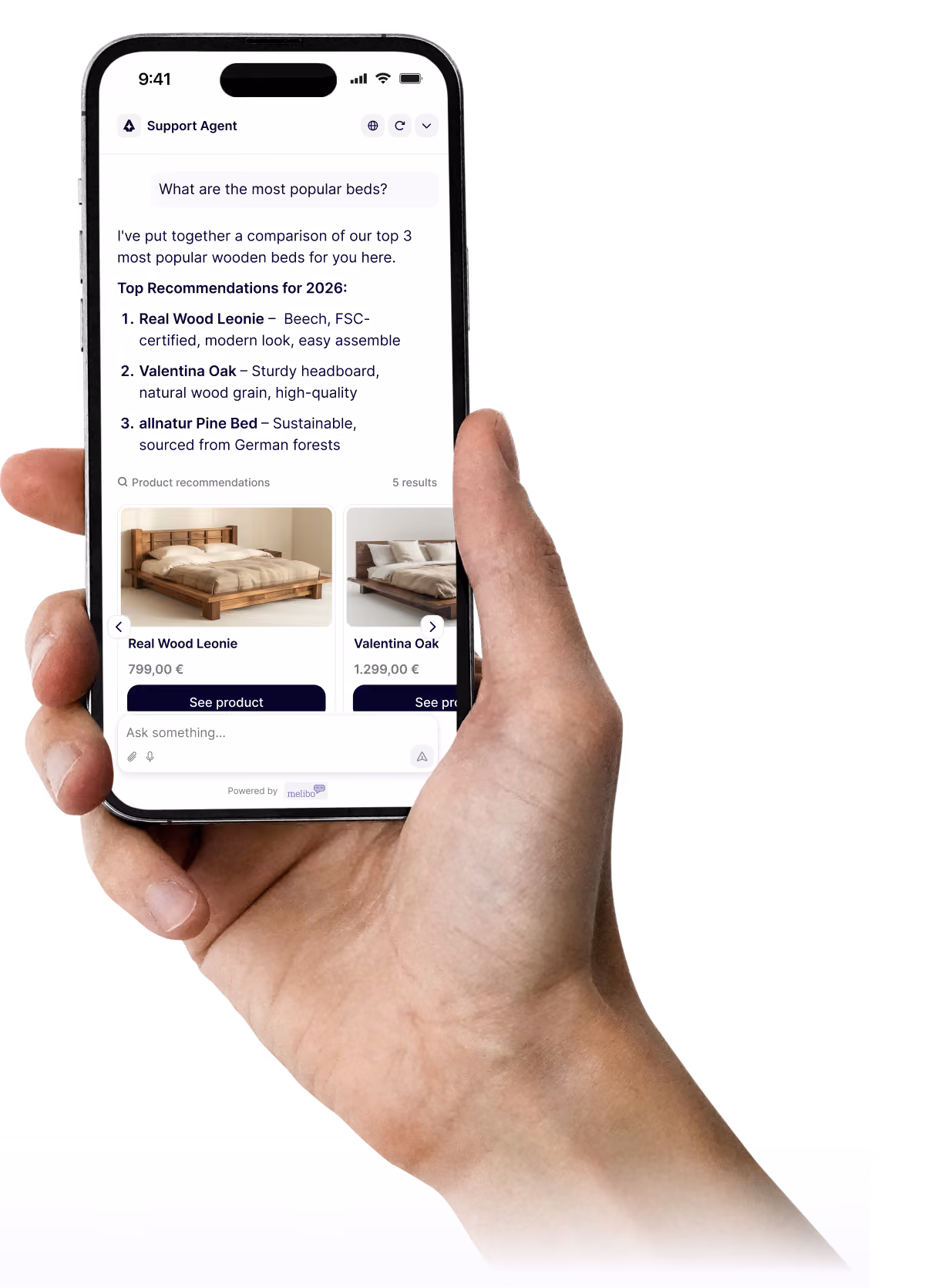 Hand holding phone showing support agent chat with wooden bed recommendations and product images.