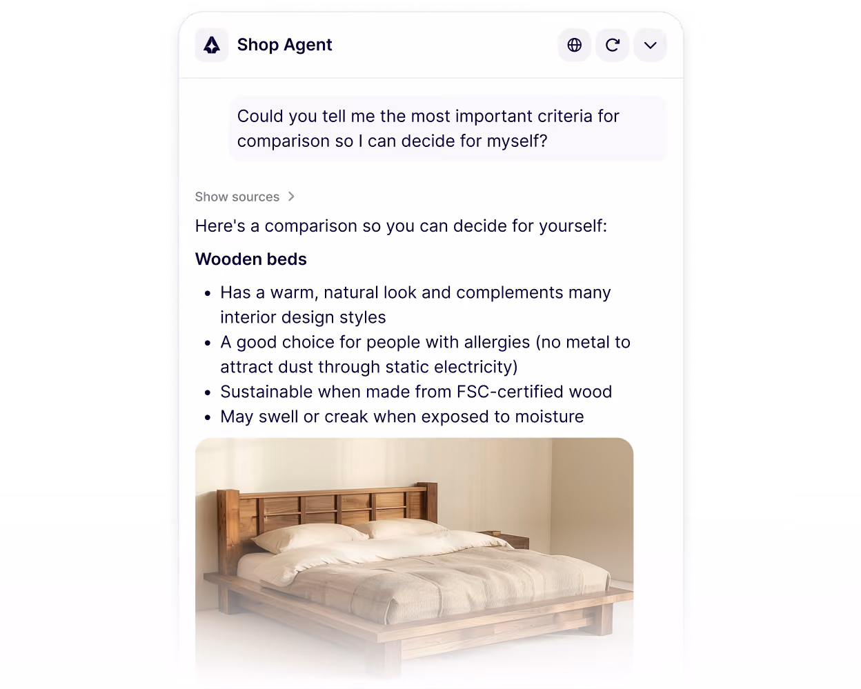 Chat interface showing comparison criteria for wooden beds with image of a wooden bed with beige bedding.