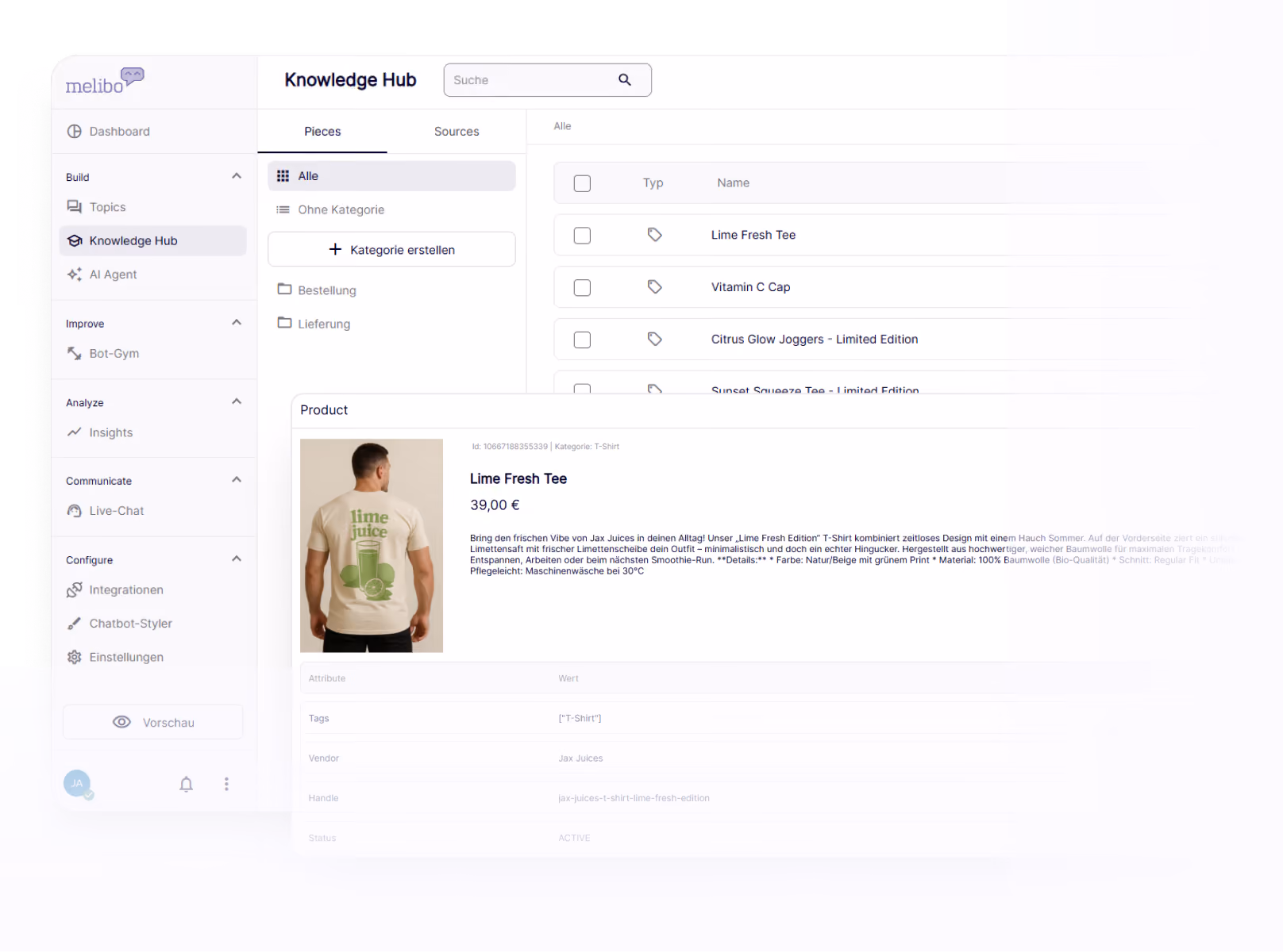 Melibo dashboard showing active order-related topics and options to add product feed, flow, or import files.