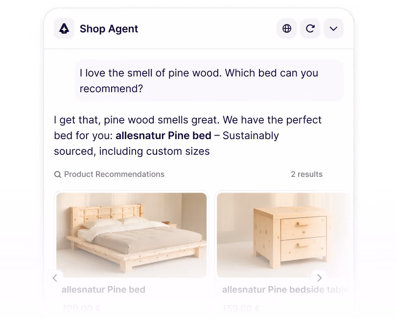 Chat window showing a recommendation for allesnatur Pine bed with images of a pine wood bed and bedside table.