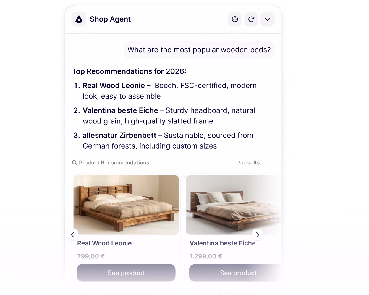 Chatbot shows top 3 wooden bed recommendations for 2026 with images, names, prices, and features.