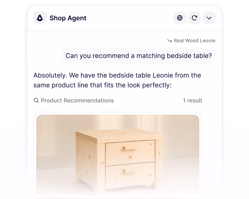 Chat interface recommending a light wooden bedside table named Leonie with two drawers.