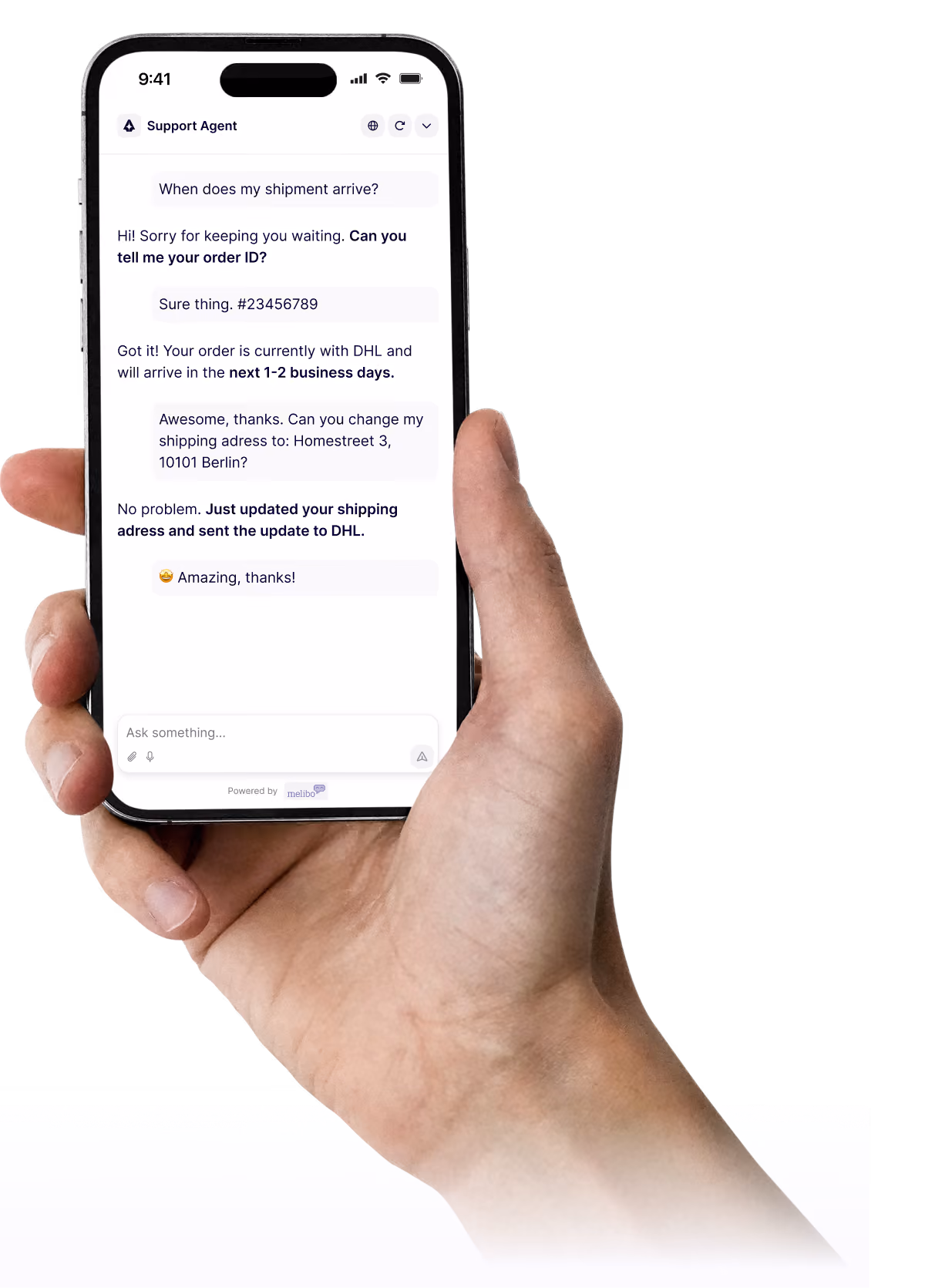 Hand holding smartphone showing a chat with a support agent about shipment and address update.