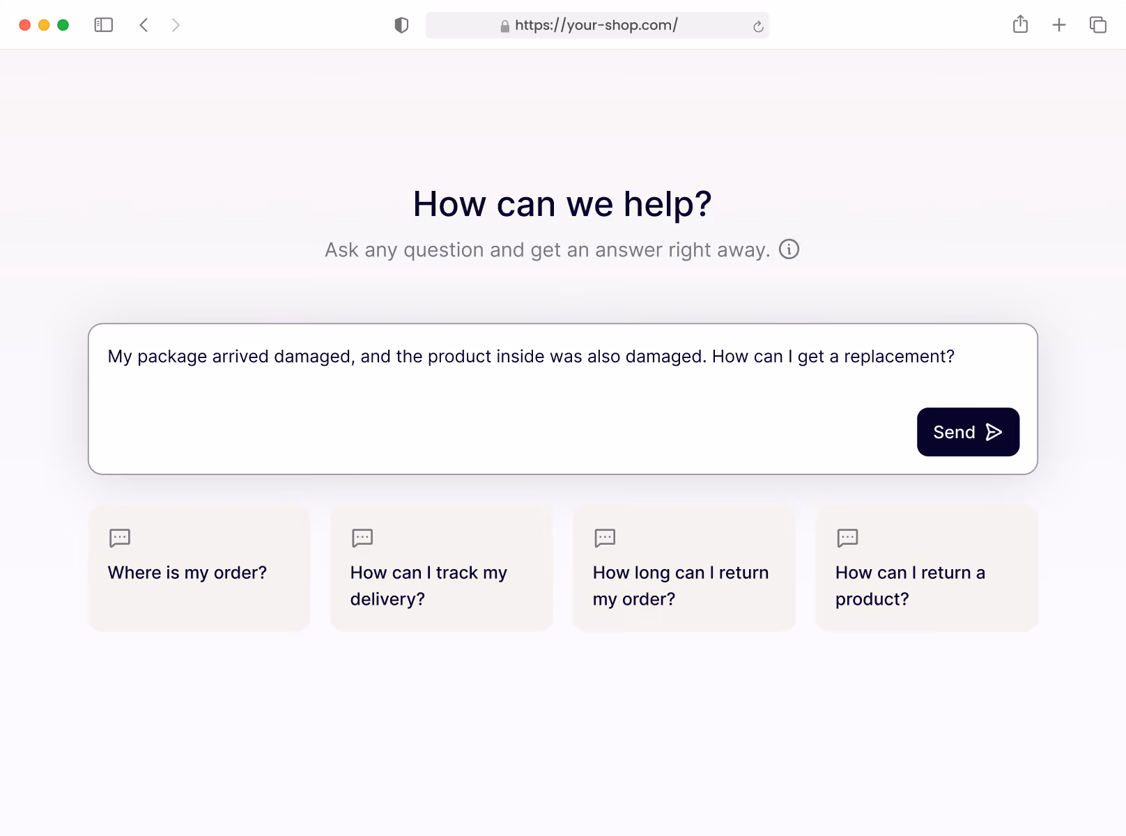 Customer support page with a search bar asking how to get a replacement for a damaged product.
