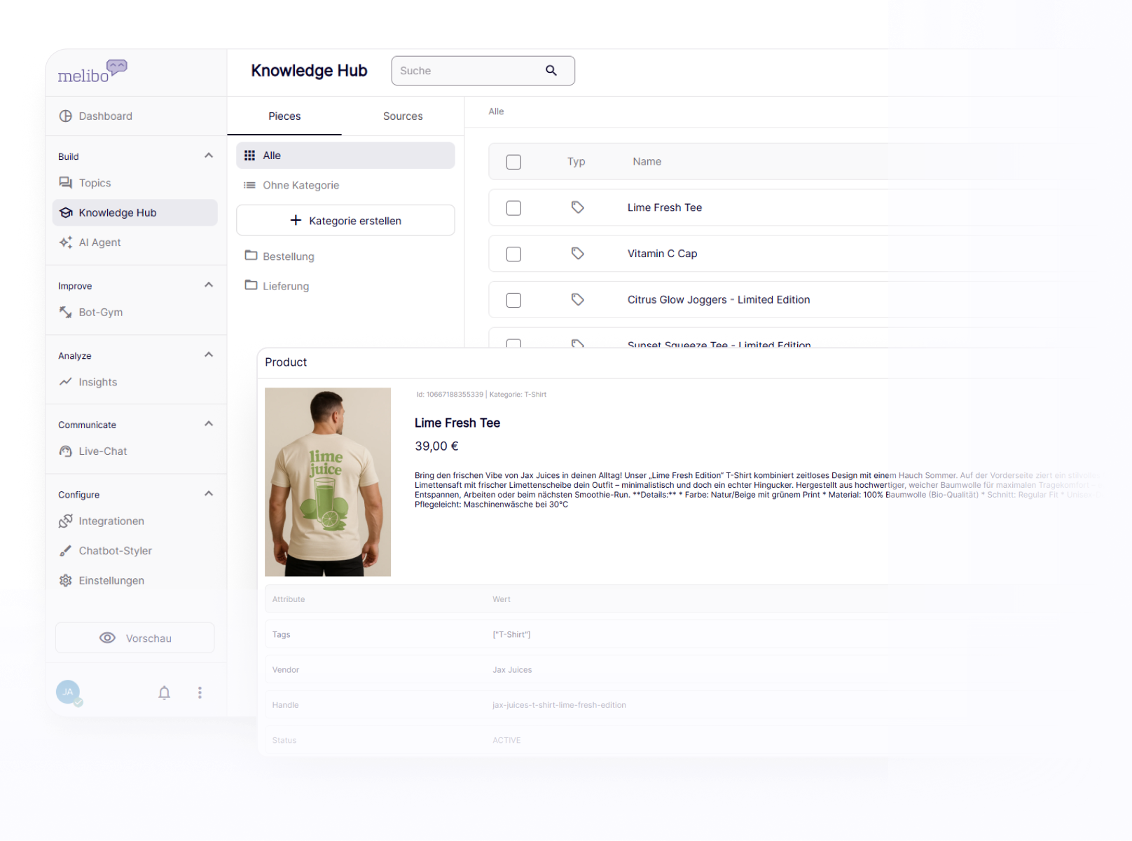 Dashboard interface showing active order topics with options to add knowledge, flow, or import files.