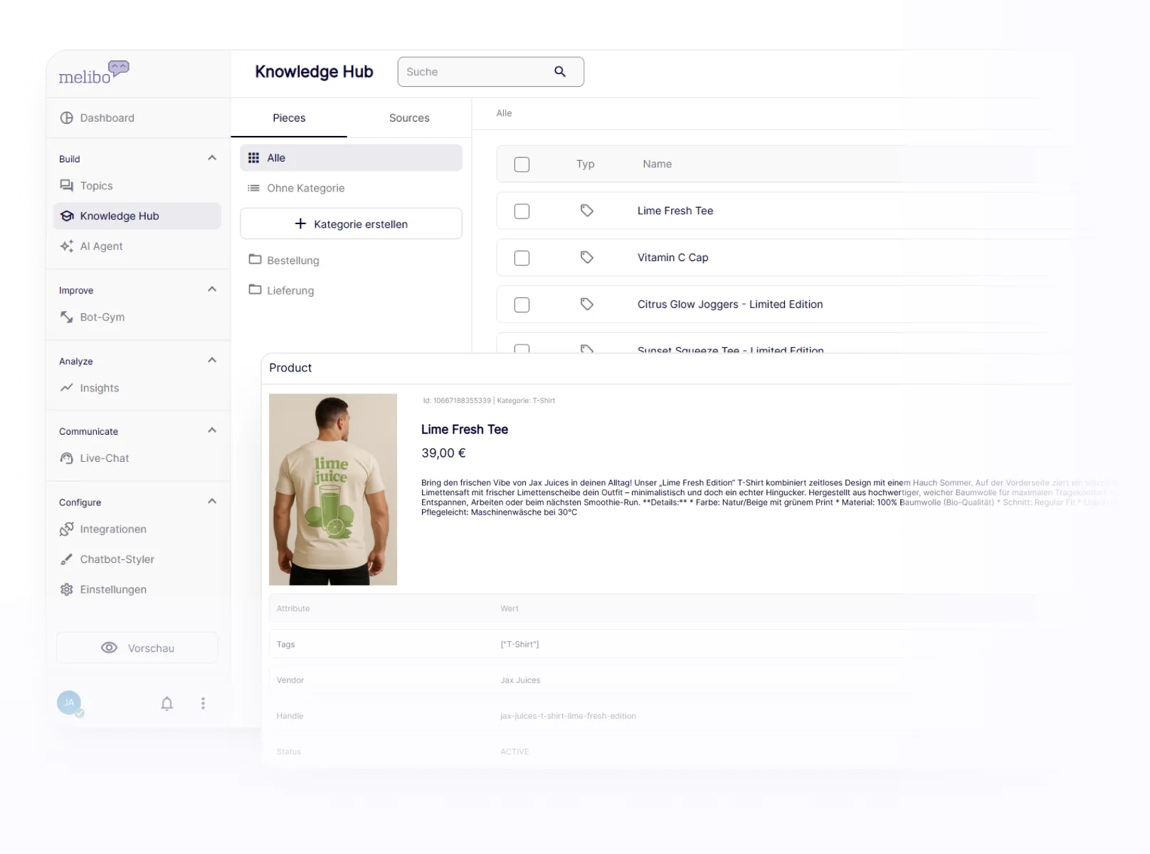 Dashboard interface showing active order topics with options to add knowledge, flow, or import files.