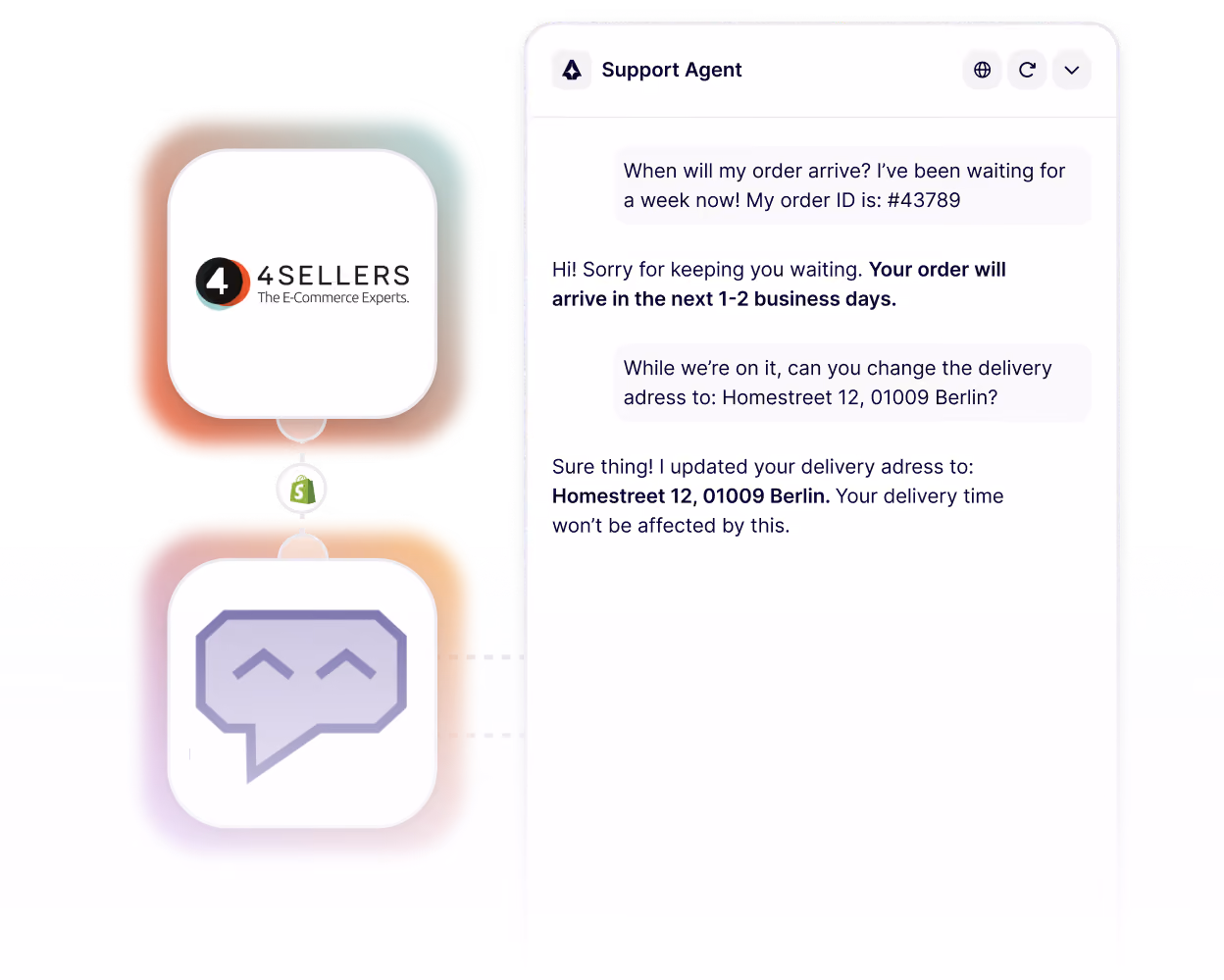 Chat interface showing a support agent answering order status and delivery address change for 4SELLERS.