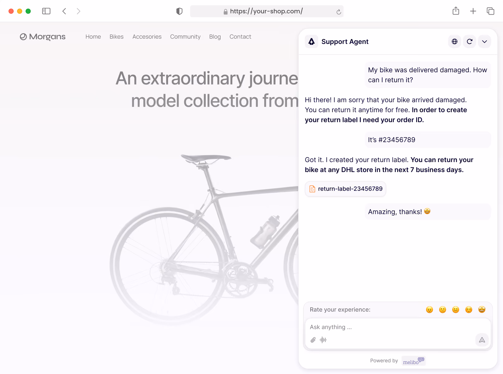 Online bike shop webpage with chat support handling a damaged bike return and generating a return label.