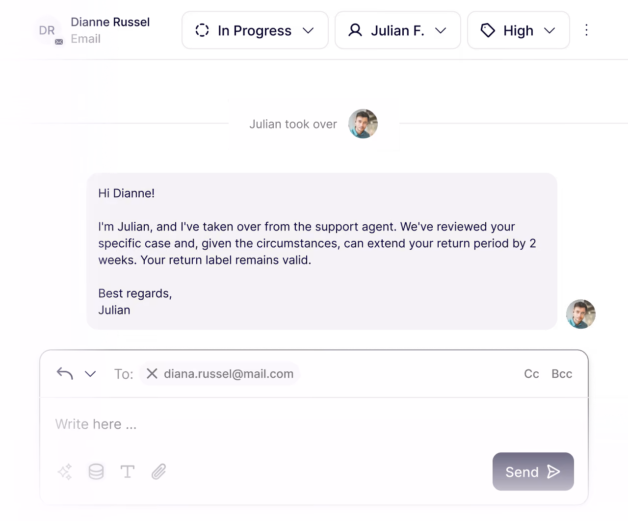 Email interface showing a message from Julian extending Dianne's return period by 2 weeks.