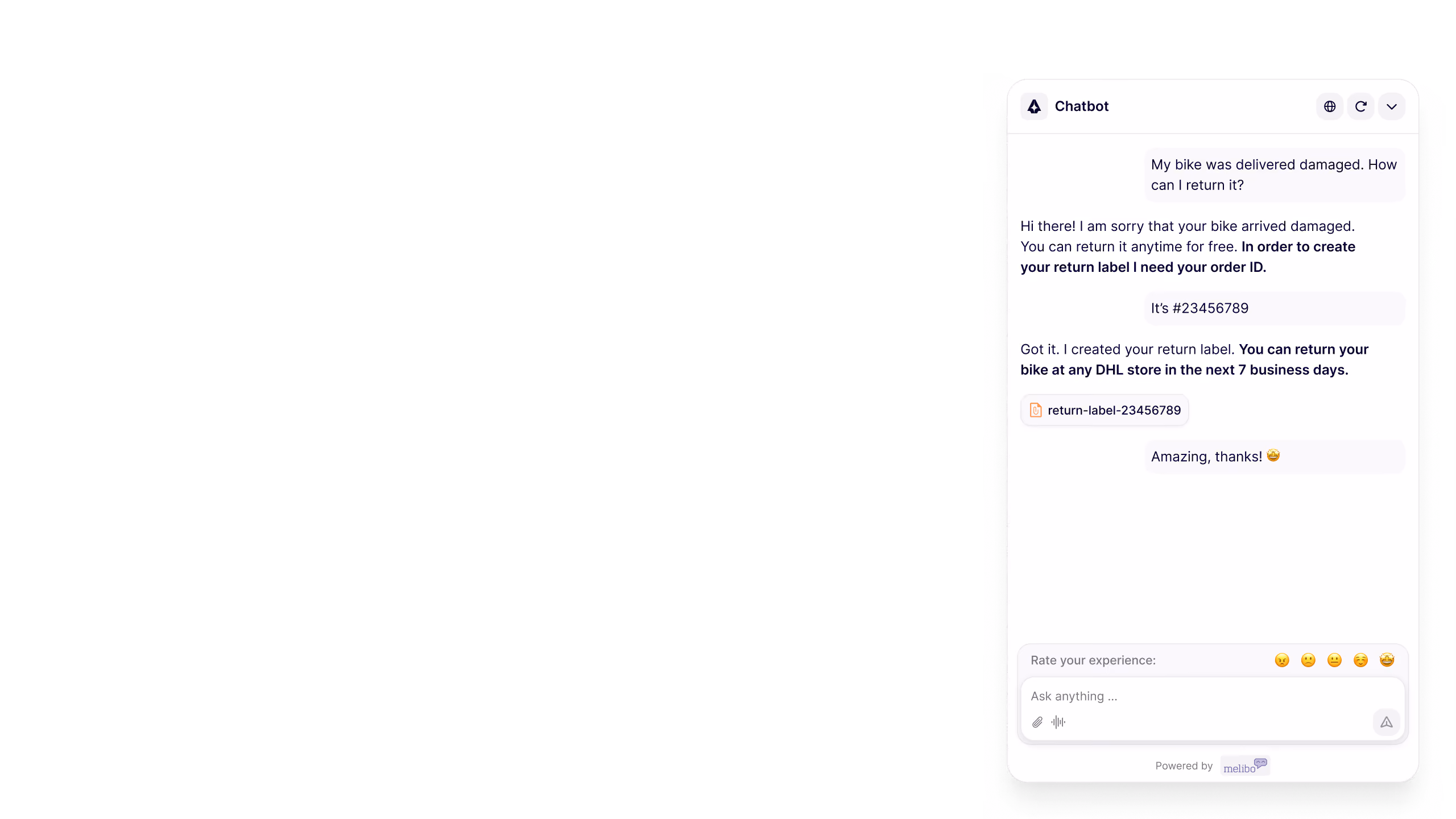 Chatbot conversation about returning a damaged bike with order ID and return label instructions.