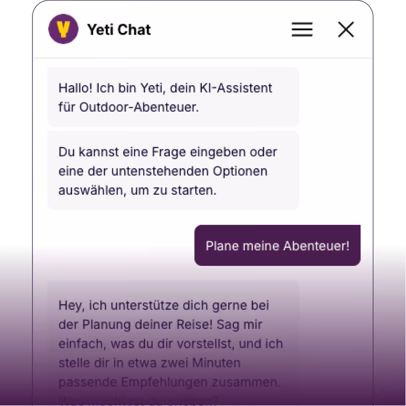 Chatbot interface in German introducing Yeti AI assistant for outdoor adventure and travel planning.