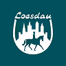Logo with a horse and rider in front of a castle silhouette inside a rounded shield.