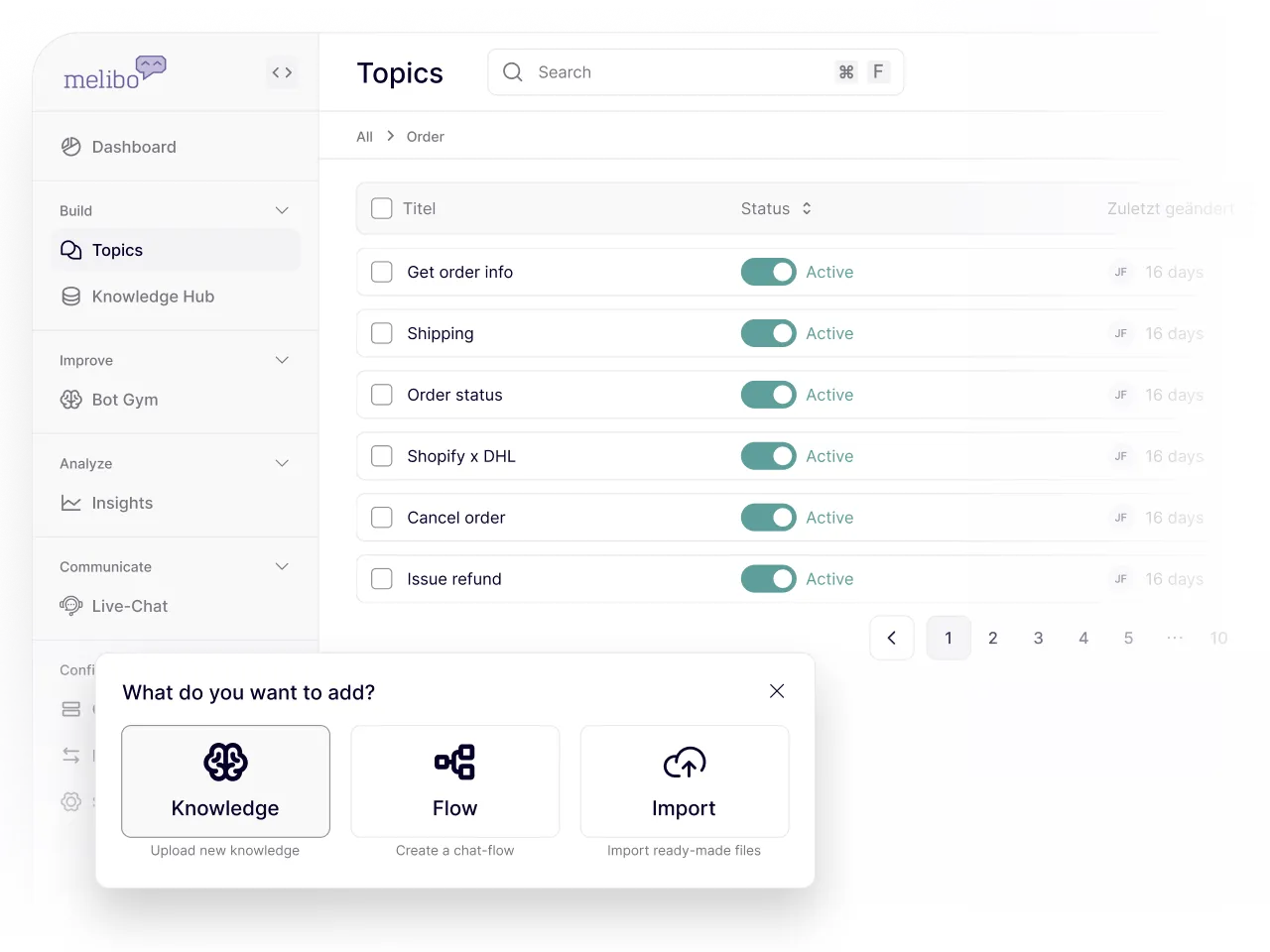 Chatbot Topics screen listing order-related topics with active status toggles and options to add Knowledge, Flow, or Import.