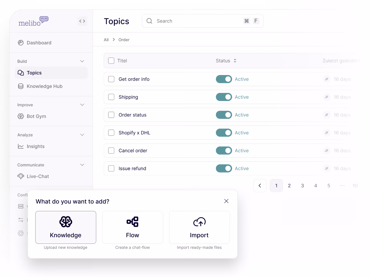 Chatbot Topics screen listing order-related topics with active status toggles and options to add Knowledge, Flow, or Import.