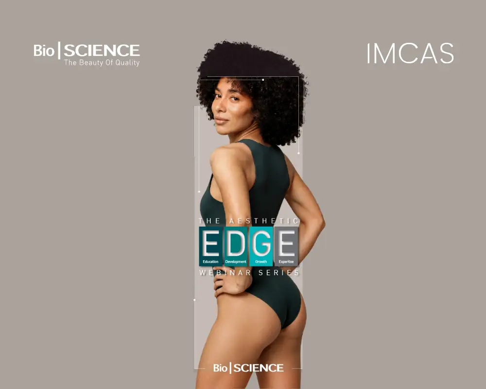 Promotional graphic for "The Aesthetic Edge Webinar Series" featuring a woman with curly hair posing in a dark green swimsuit against a neutral beige background, alongside the logos for BioScience and IMCAS.