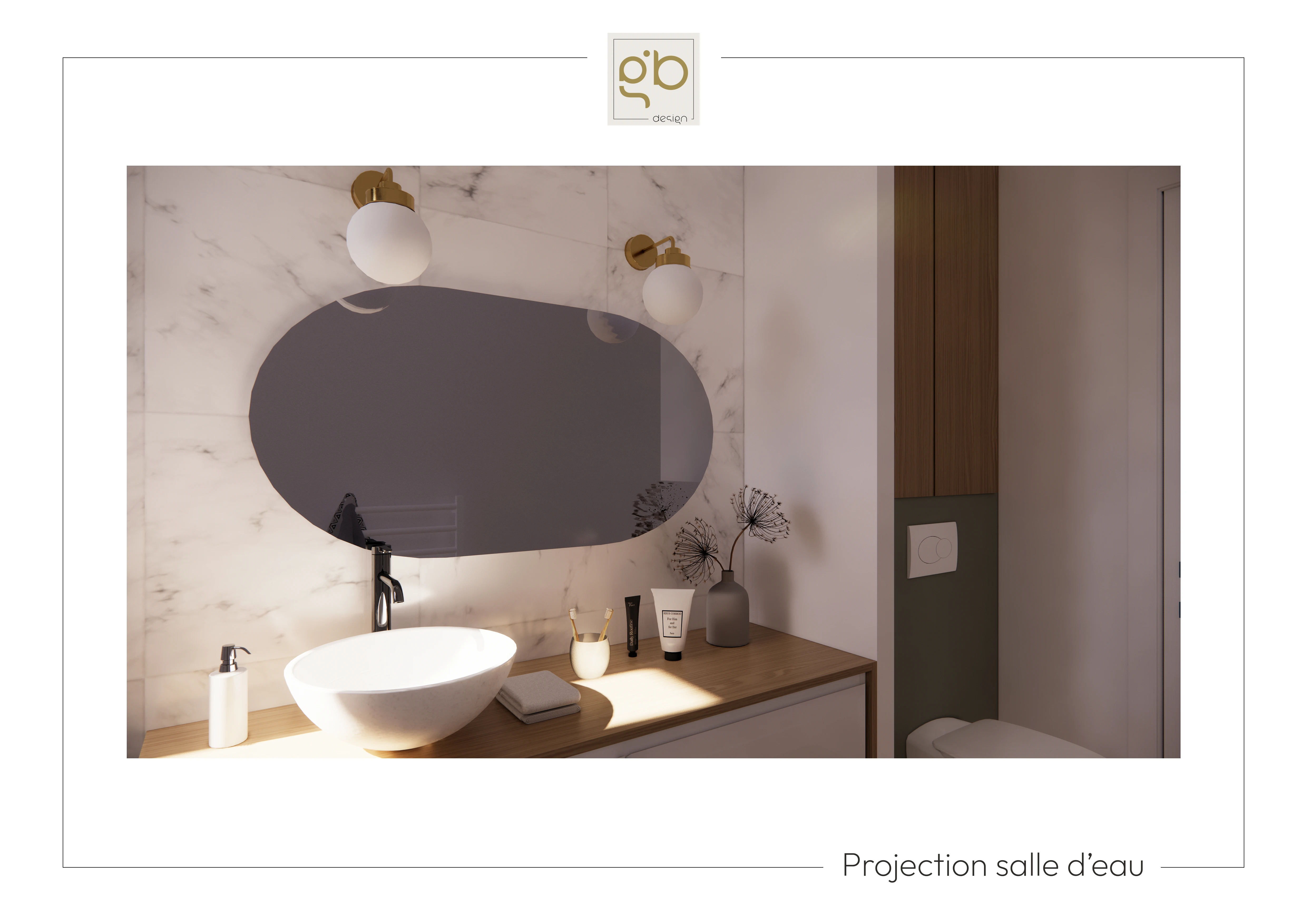 Rendu 3D projet salle de bain moderne, vasque bol blanche sur plan bois, miroir ovale et carrelage effet marbre.