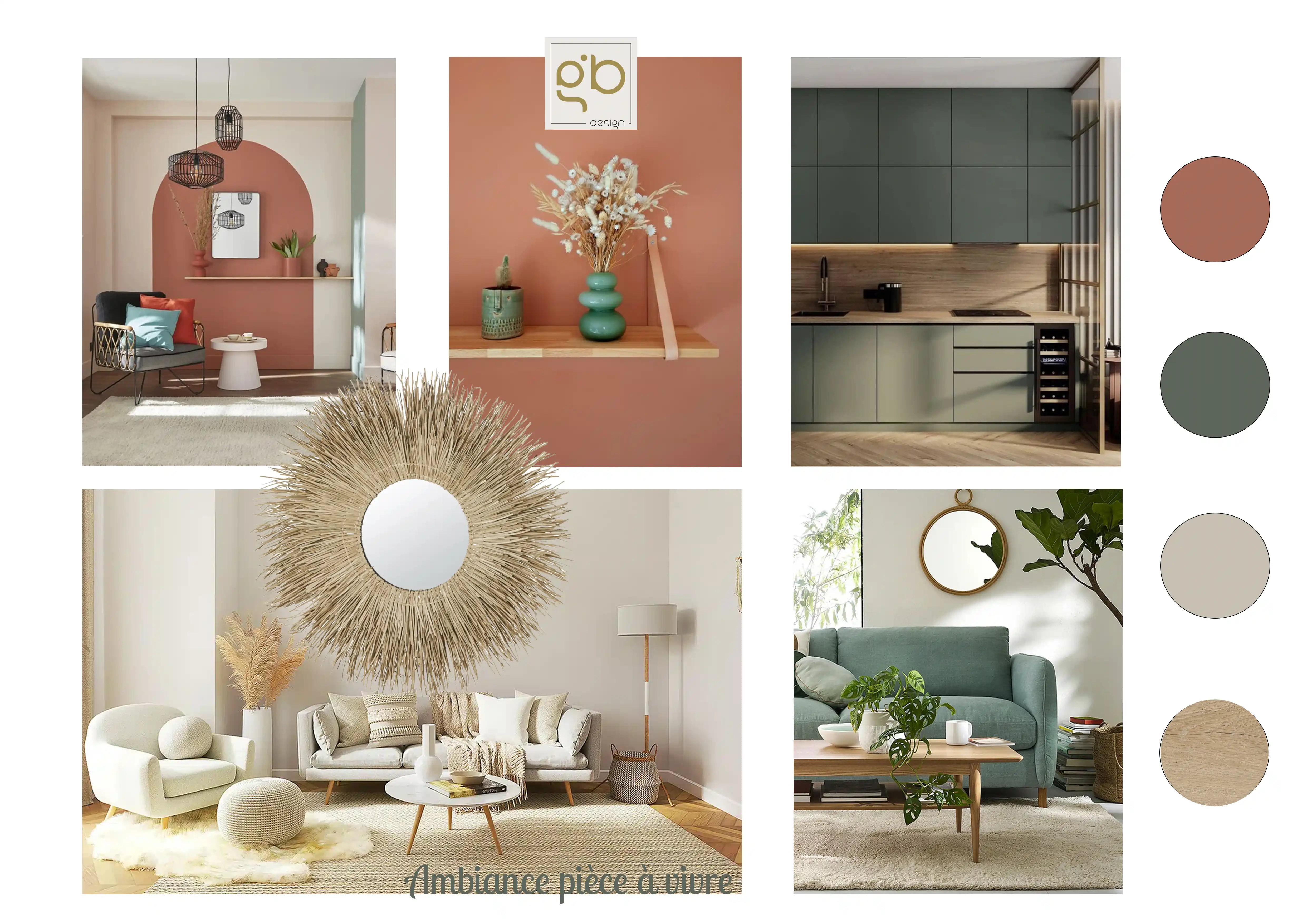 Planche d'ambiance décoration salon cuisine tons terracotta, vert et fibres naturelles.