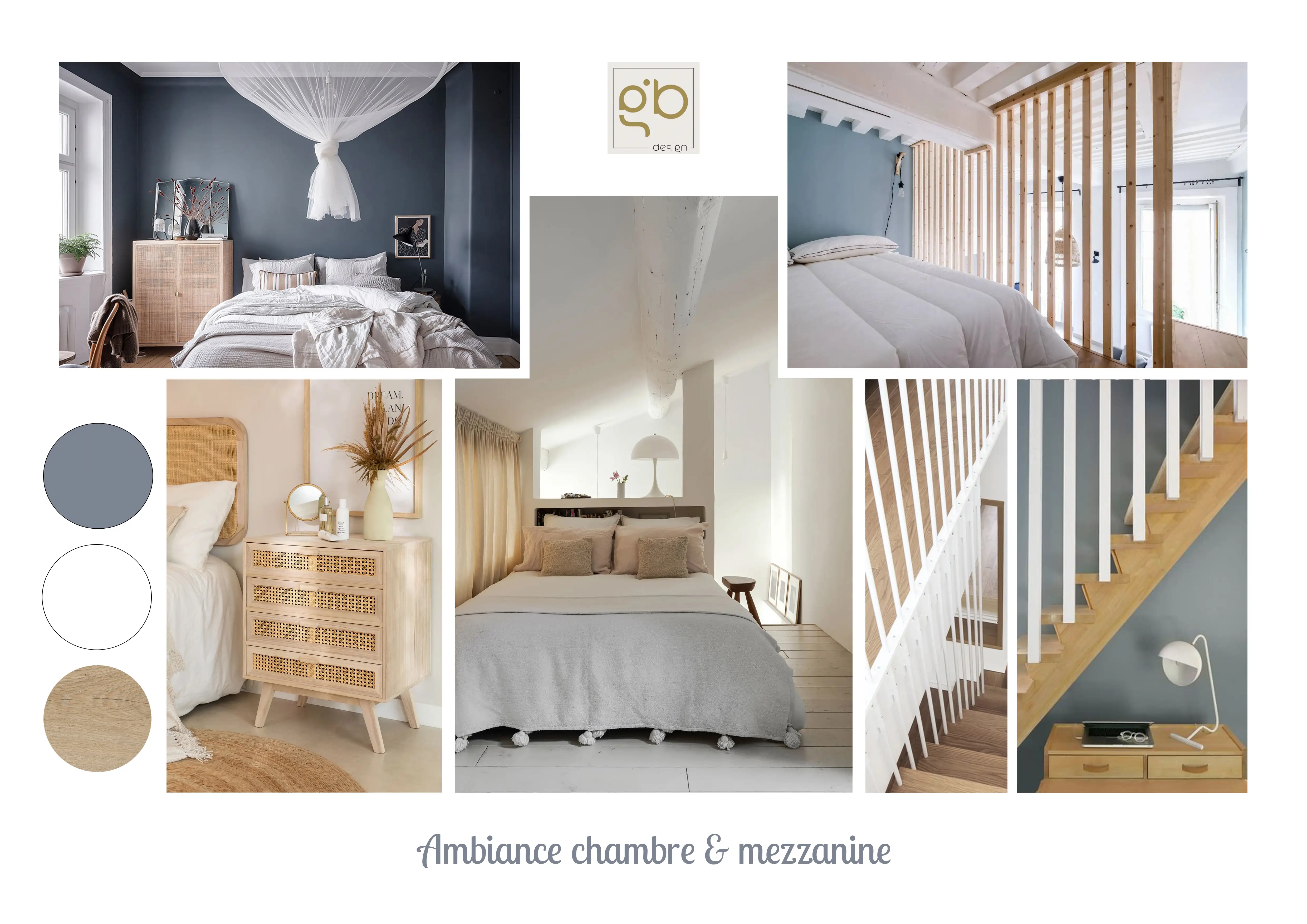 Planche inspiration chambre et mezzanine, camaïeu de bleus, bois clair et claustra.