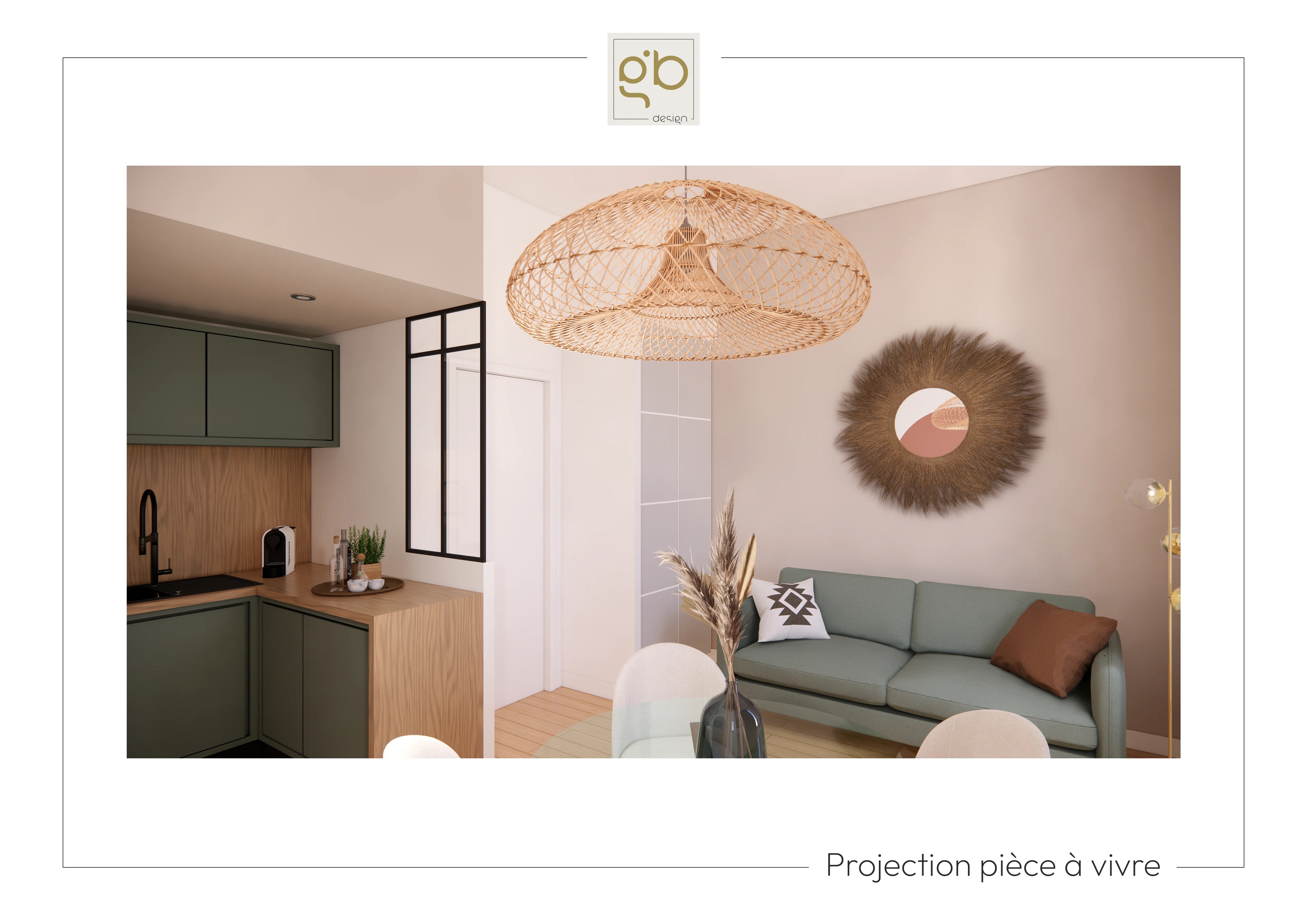 Projection 3D salon avec canapé vert, suspension rotin et verrière atelier.