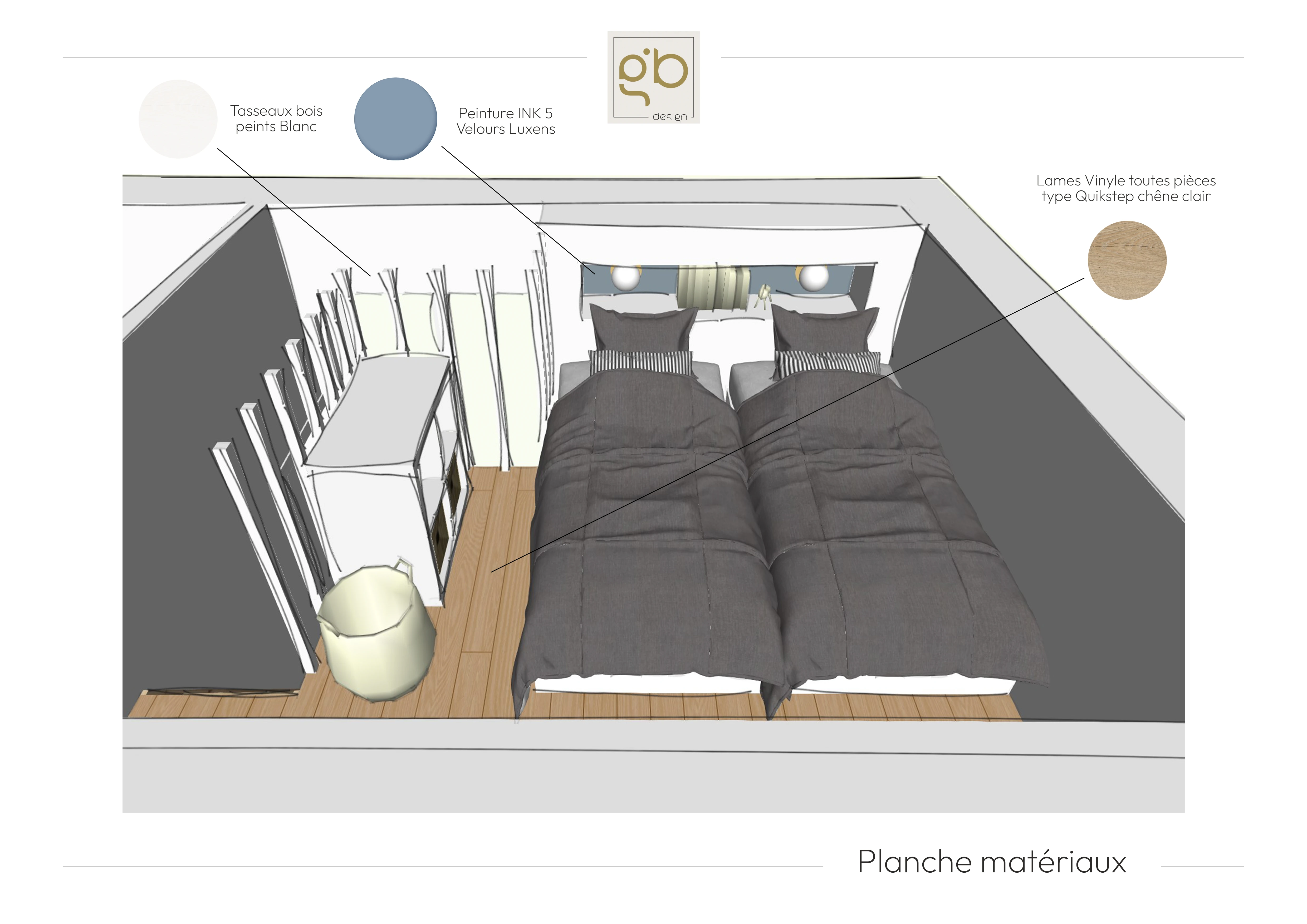 Croquis 3D agencement chambre cabine avec lits jumeaux et planche matériaux.