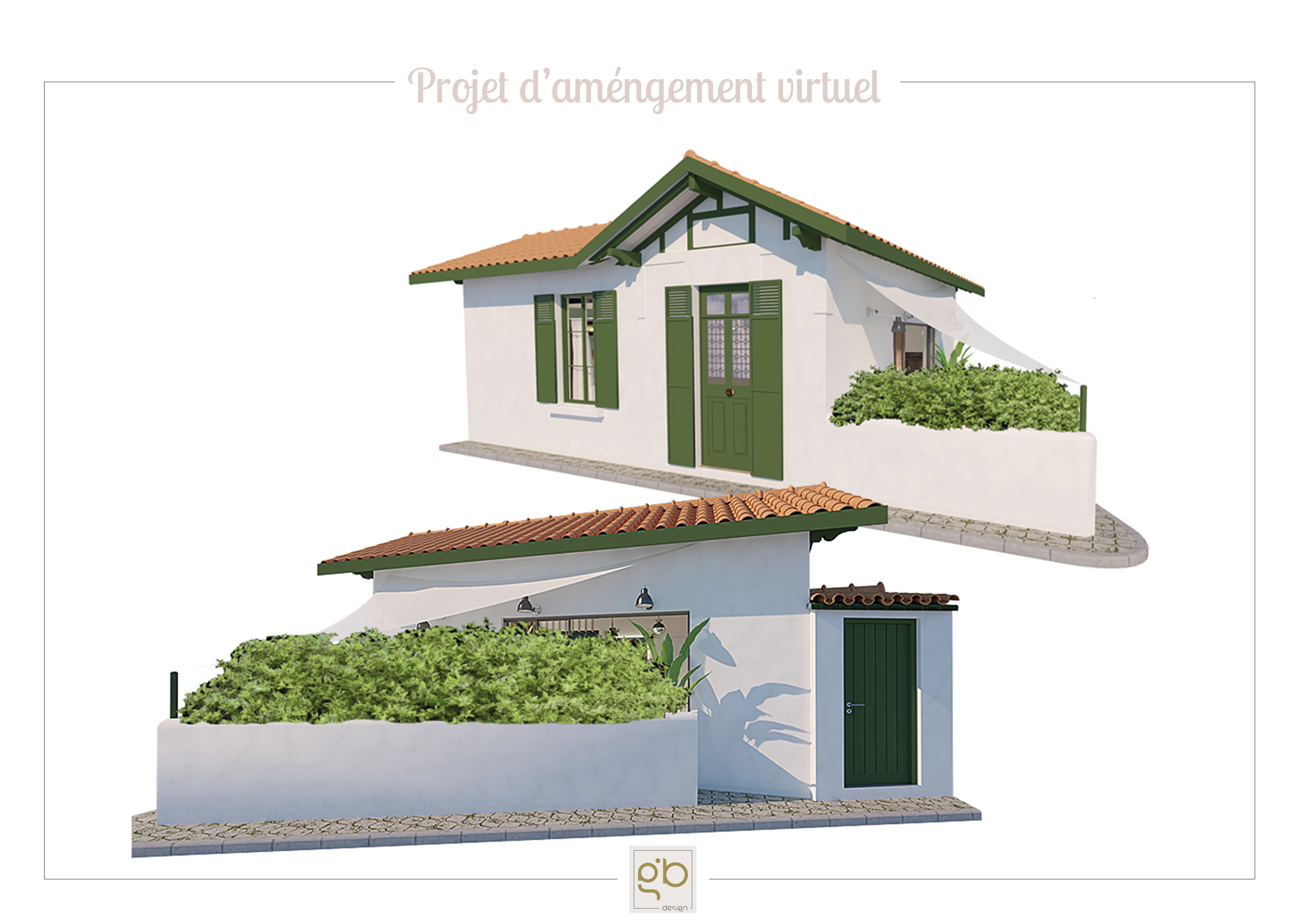 Rendu 3D du projet d'extension : façade blanche à volets verts, toiture en tuiles et jardin en restanques.