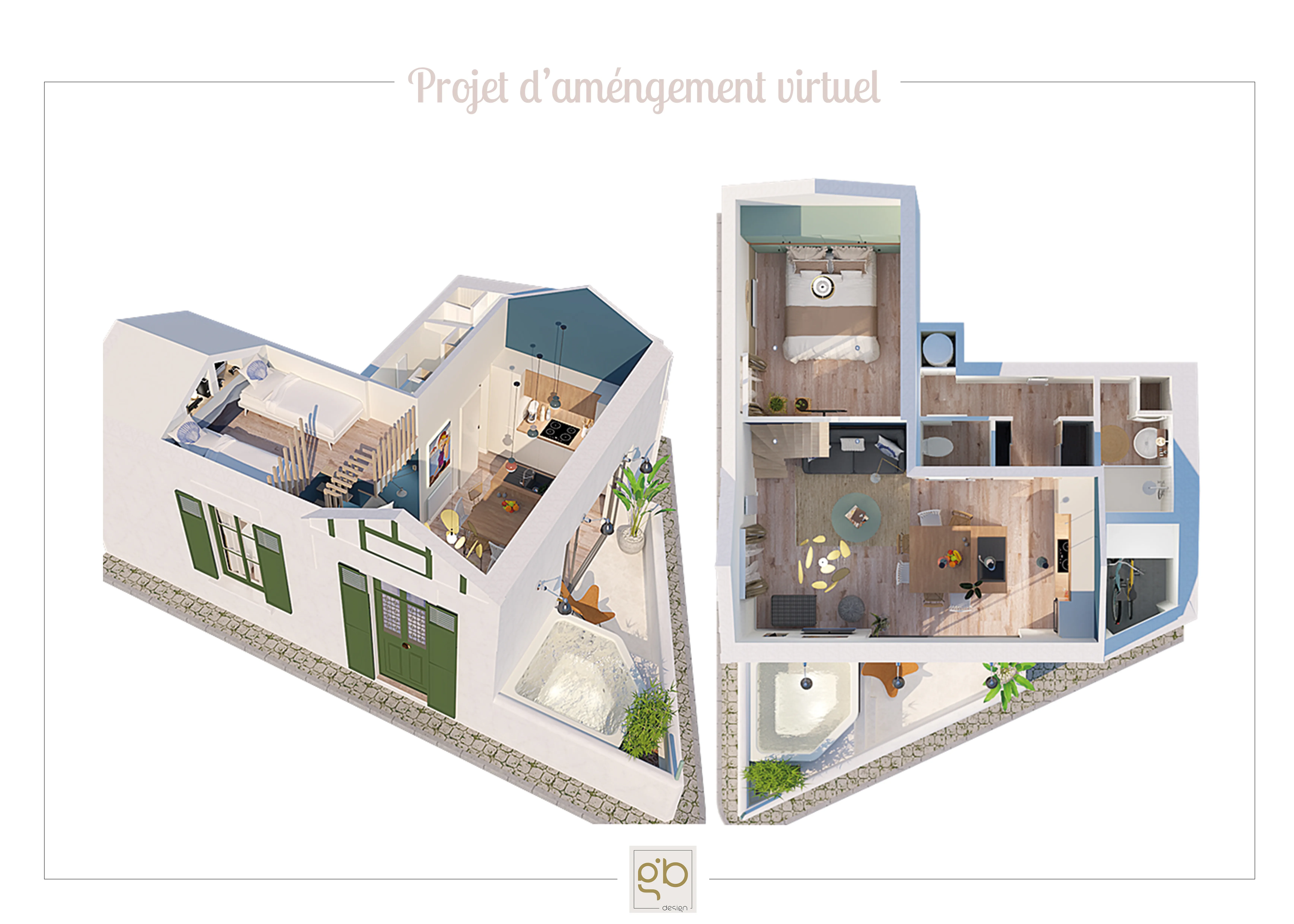 Plans en coupe du réaménagement de la maison : séjour avec mezzanine, salle d'eau et chambres.