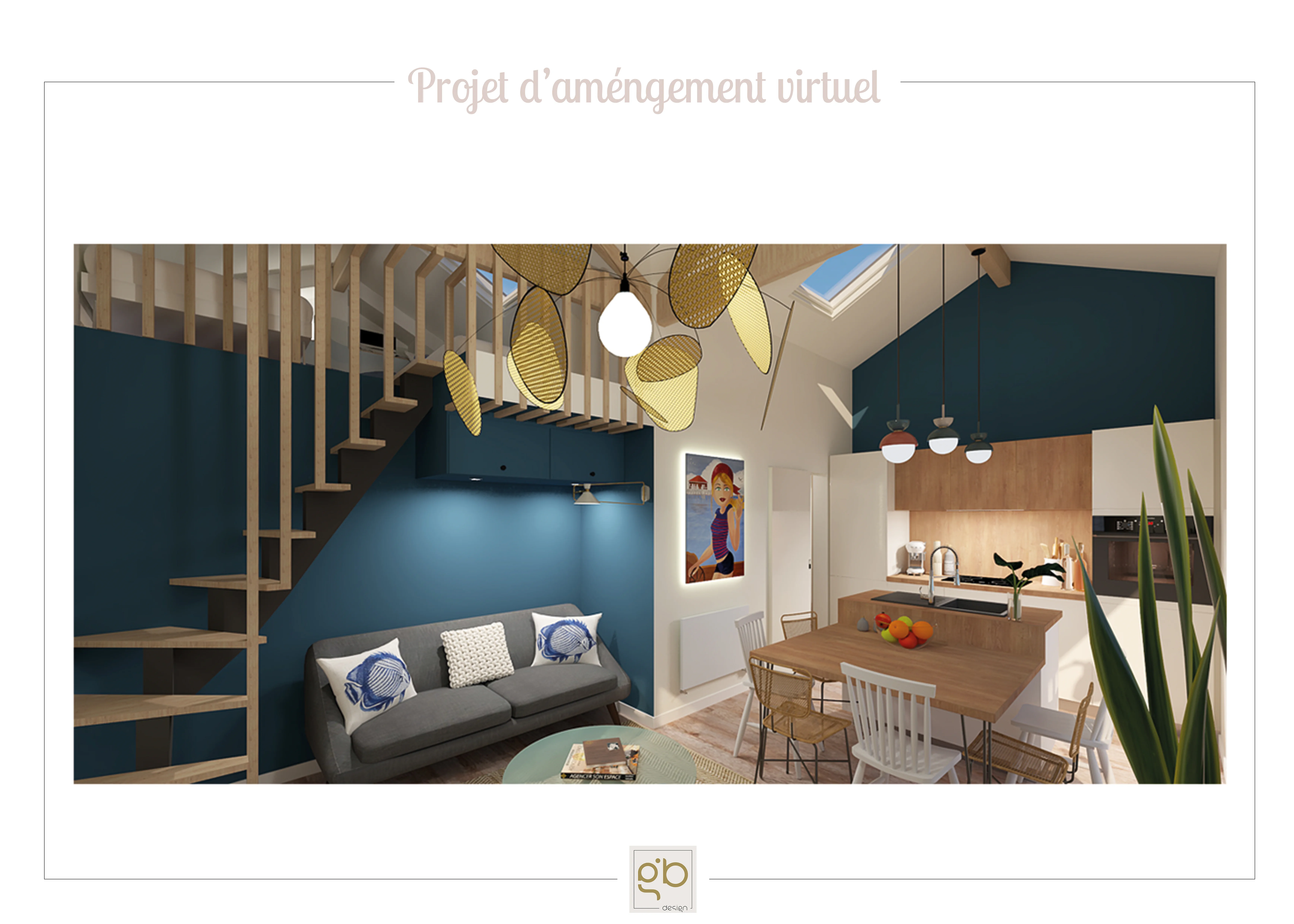 Rendu 3D de l'escalier menant à la mezzanine, coin repas, canapé gris et mur bleu canard.