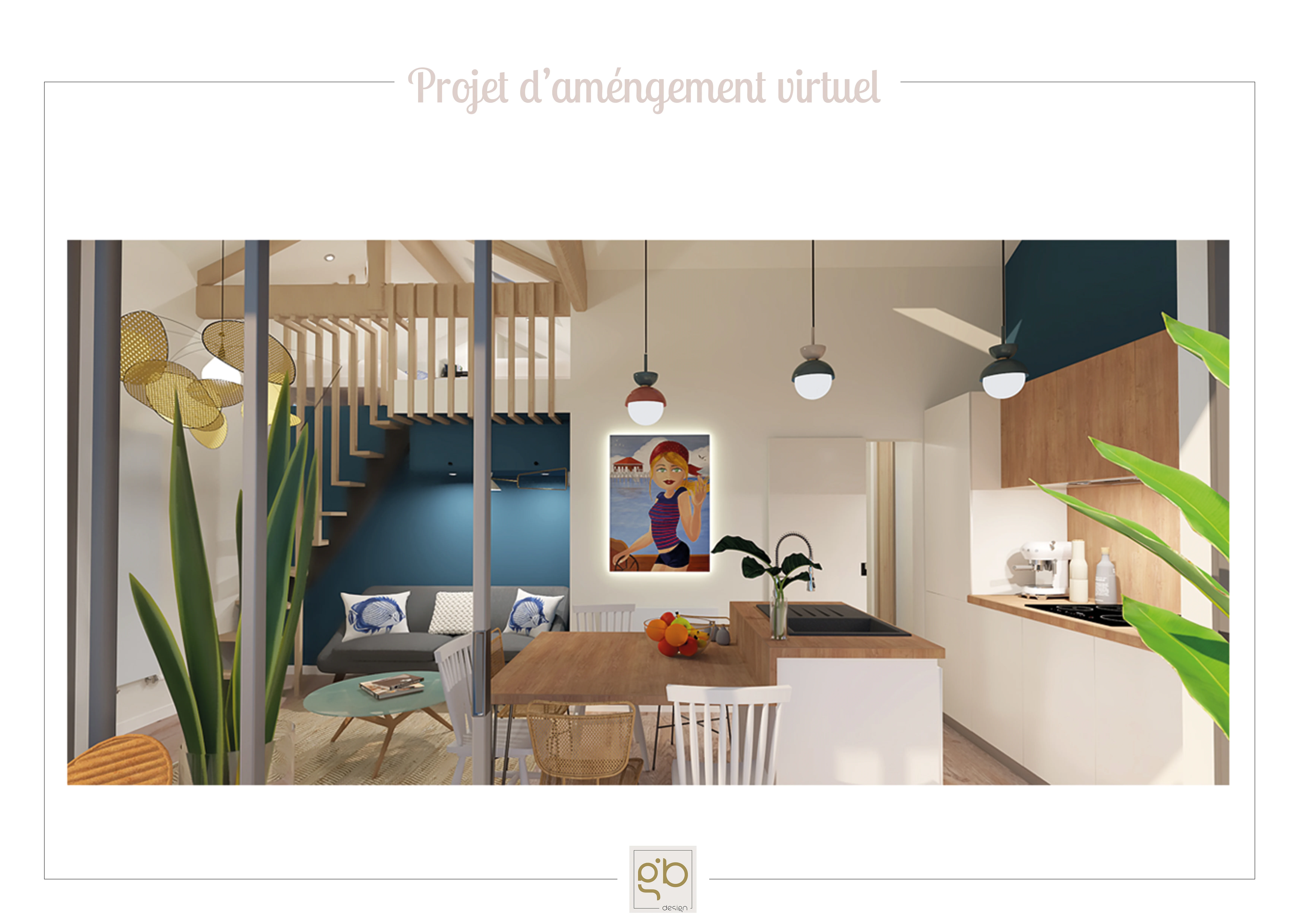Rendu 3D du séjour projeté avec mezzanine en bois, cuisine ouverte et mur bleu canard.