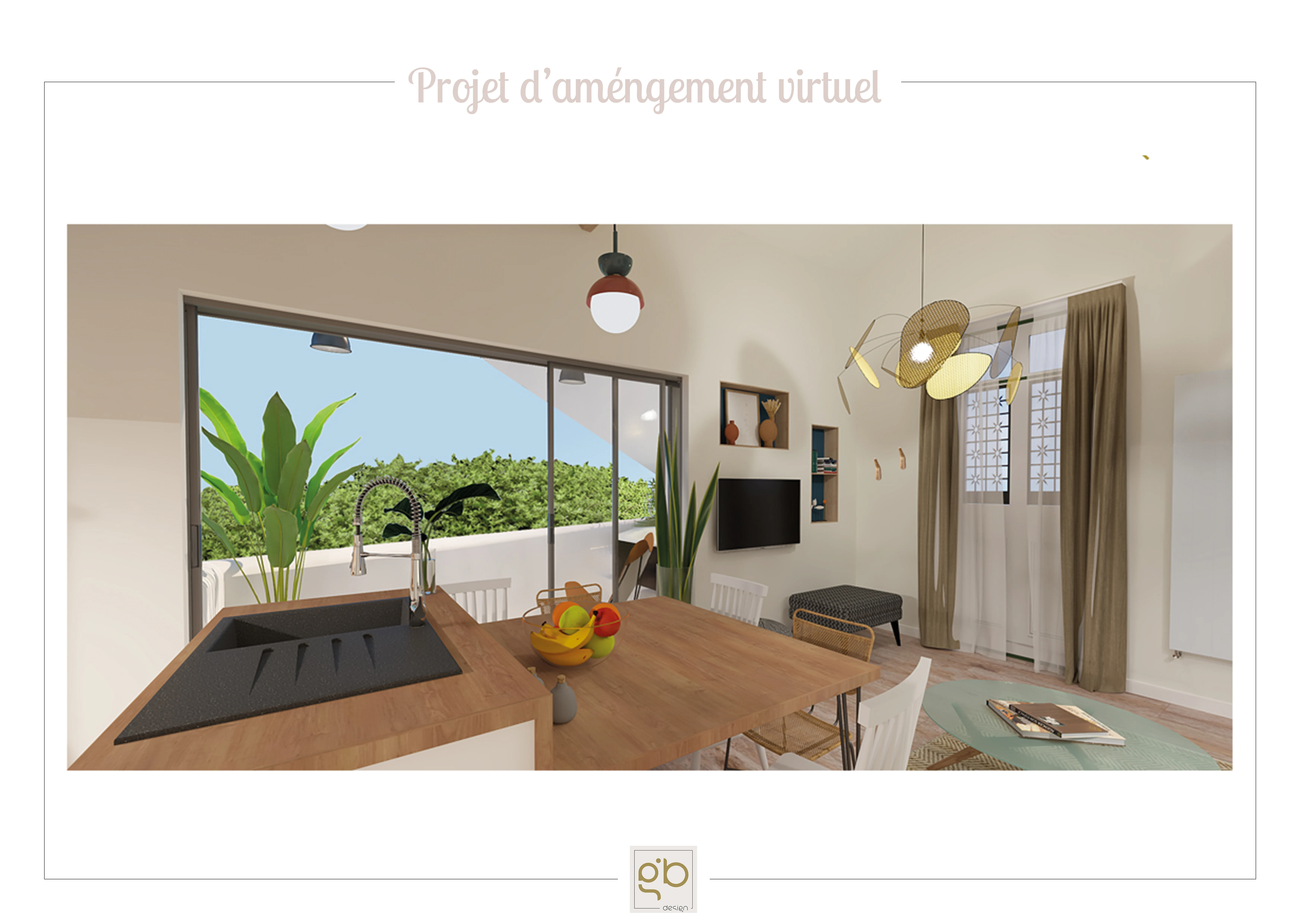 Rendu 3D de la cuisine ouverte projetée avec îlot central et baie vitrée donnant sur la terrasse.