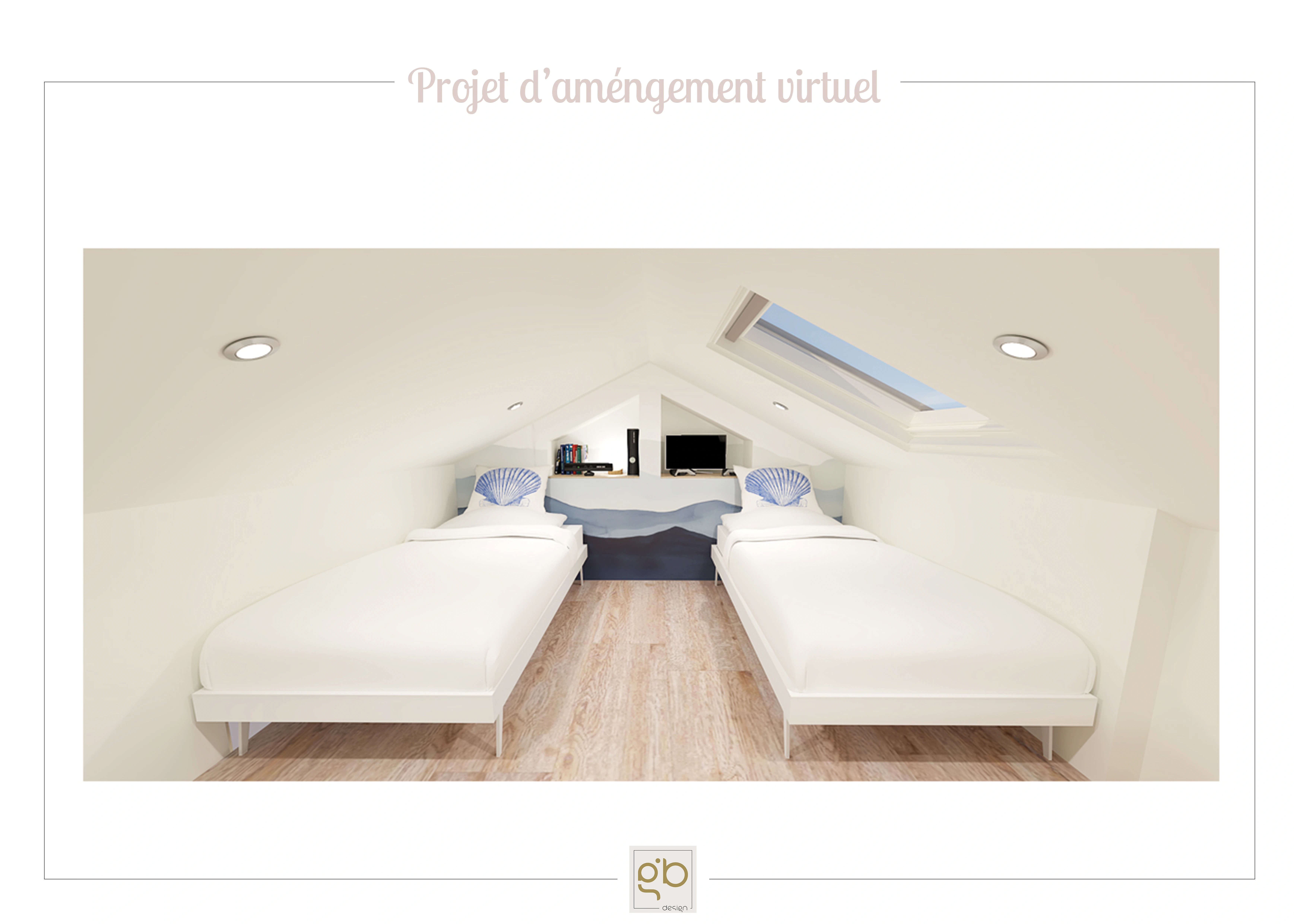Rendu 3D de la chambre sous les combles projetée, avec deux lits jumeaux et fenêtre de toit.