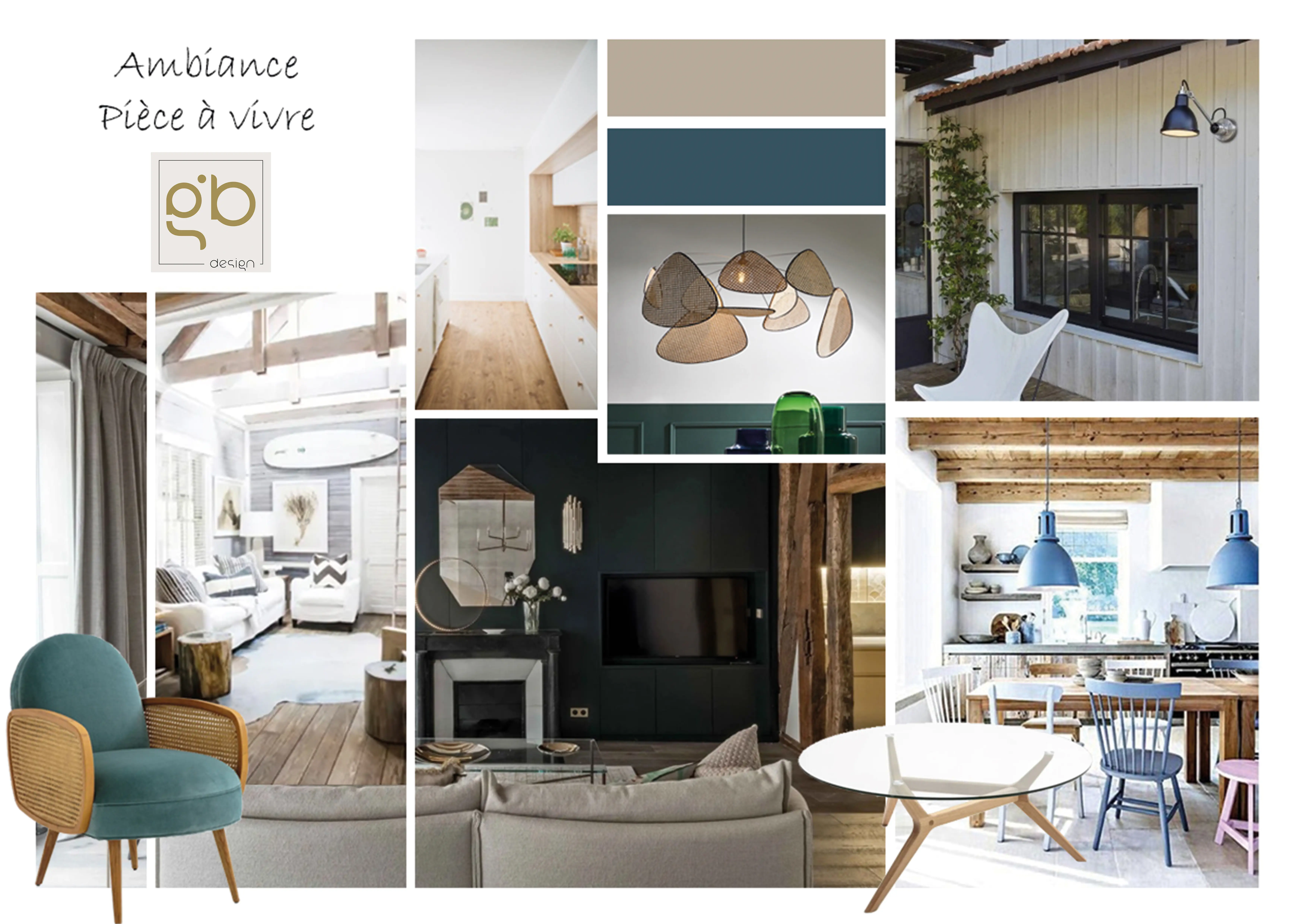 Planche d'ambiance du projet : palette bleu canard et beige, mobilier en bois et en rotin.