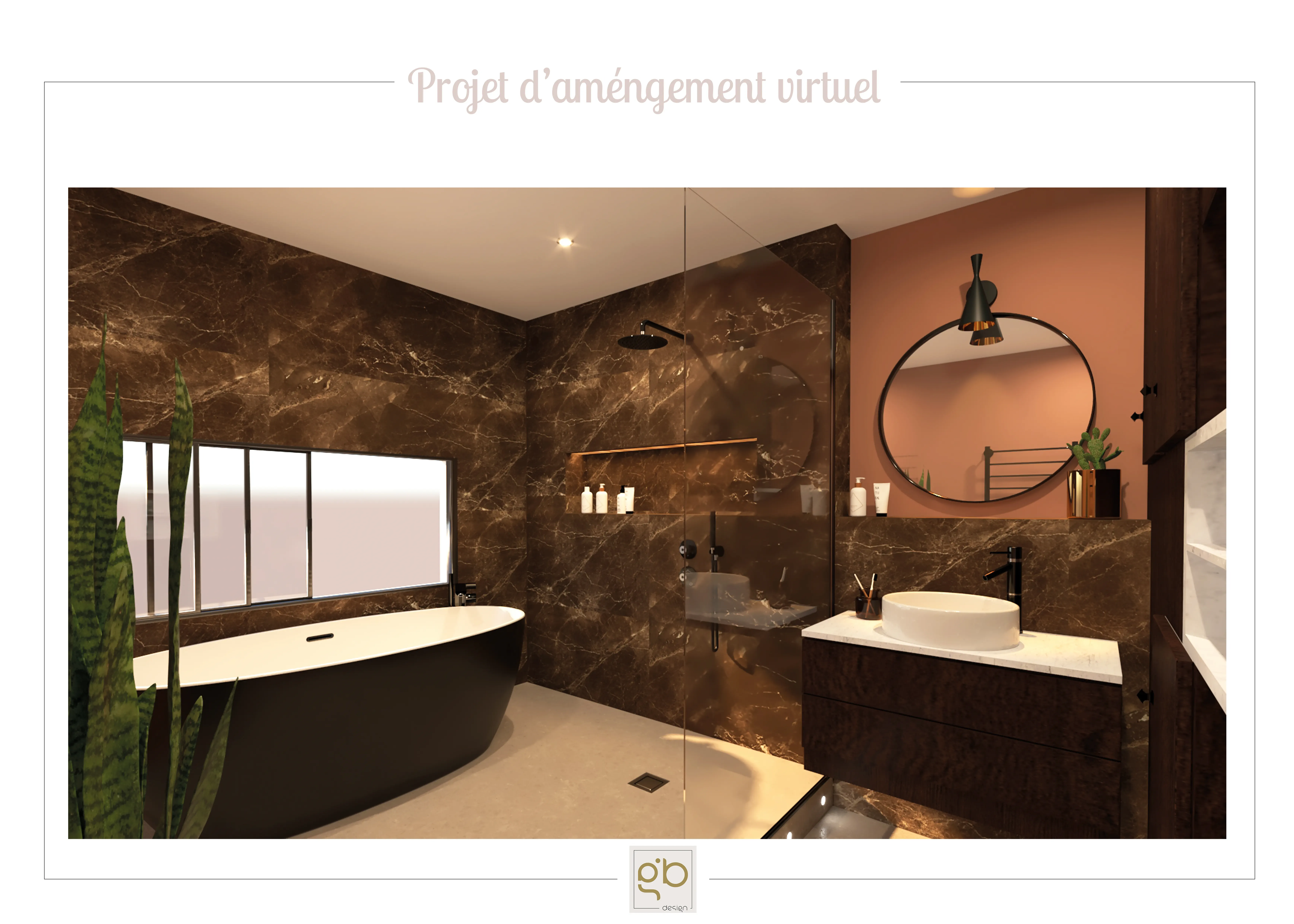 Rendu 3D de la salle de bain projetée : marbre brun, baignoire îlot noire, mur rose, miroir rond rétroéclairé.