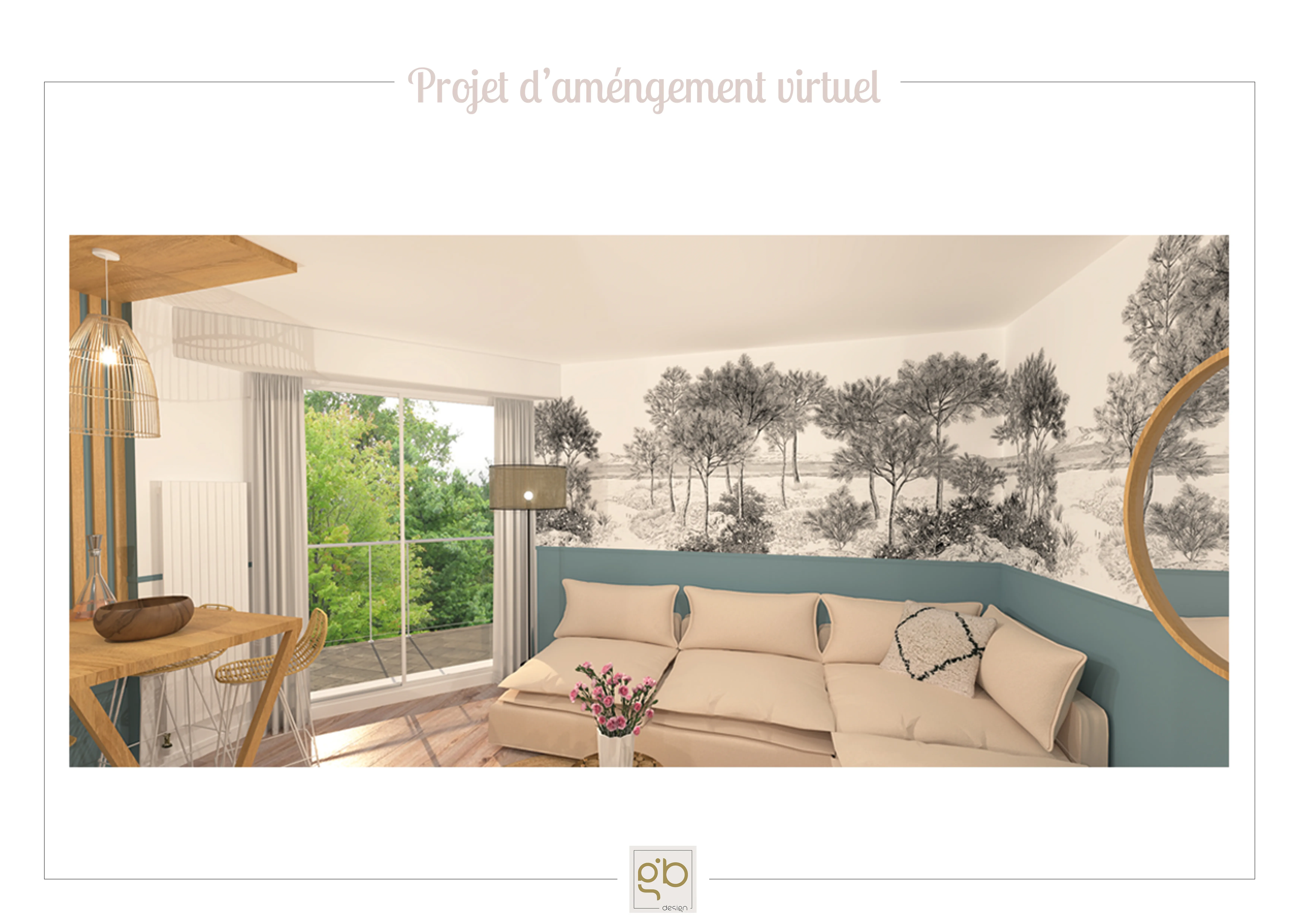 Rendu 3D du salon projeté : papier peint arboré noir et blanc, soubassement bleu-vert, canapé d'angle beige.