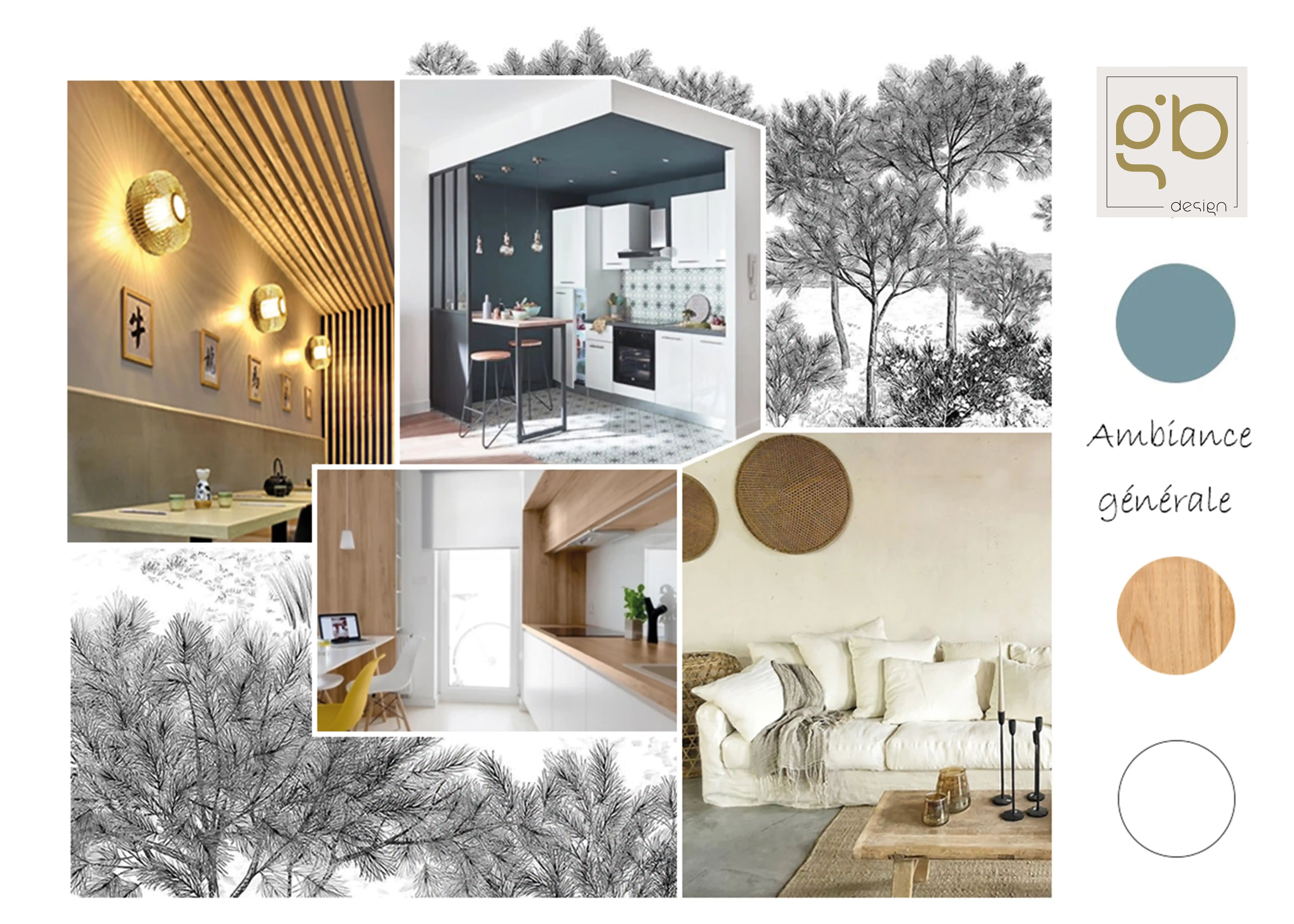 Planche d'ambiance du projet : matériaux bois et bleu-vert, photos d'inspiration cuisine et salon.