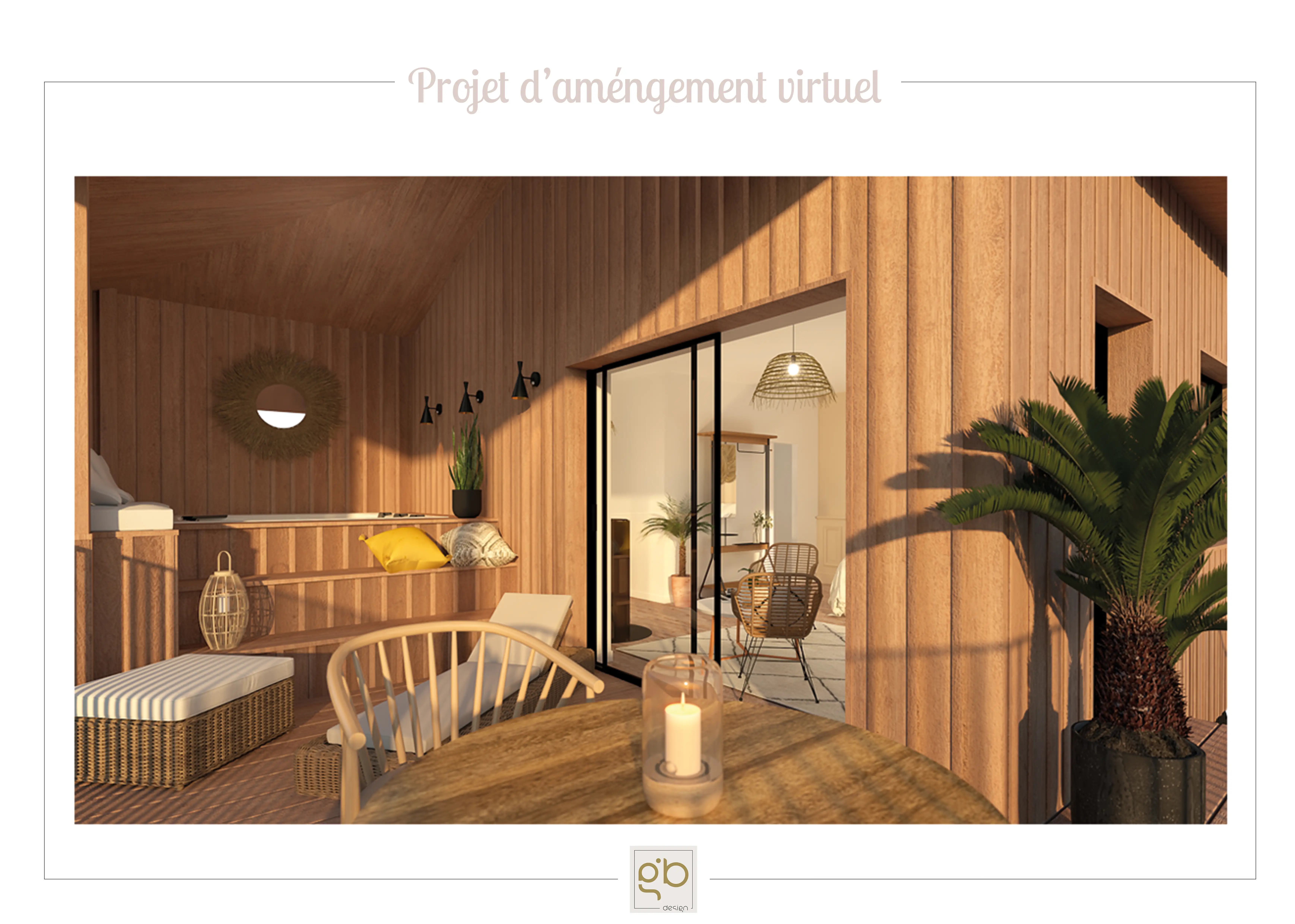 Rendu 3D de la terrasse en bois clair du gîte sur pilotis à Talais, fauteuils en rotin et table ronde.