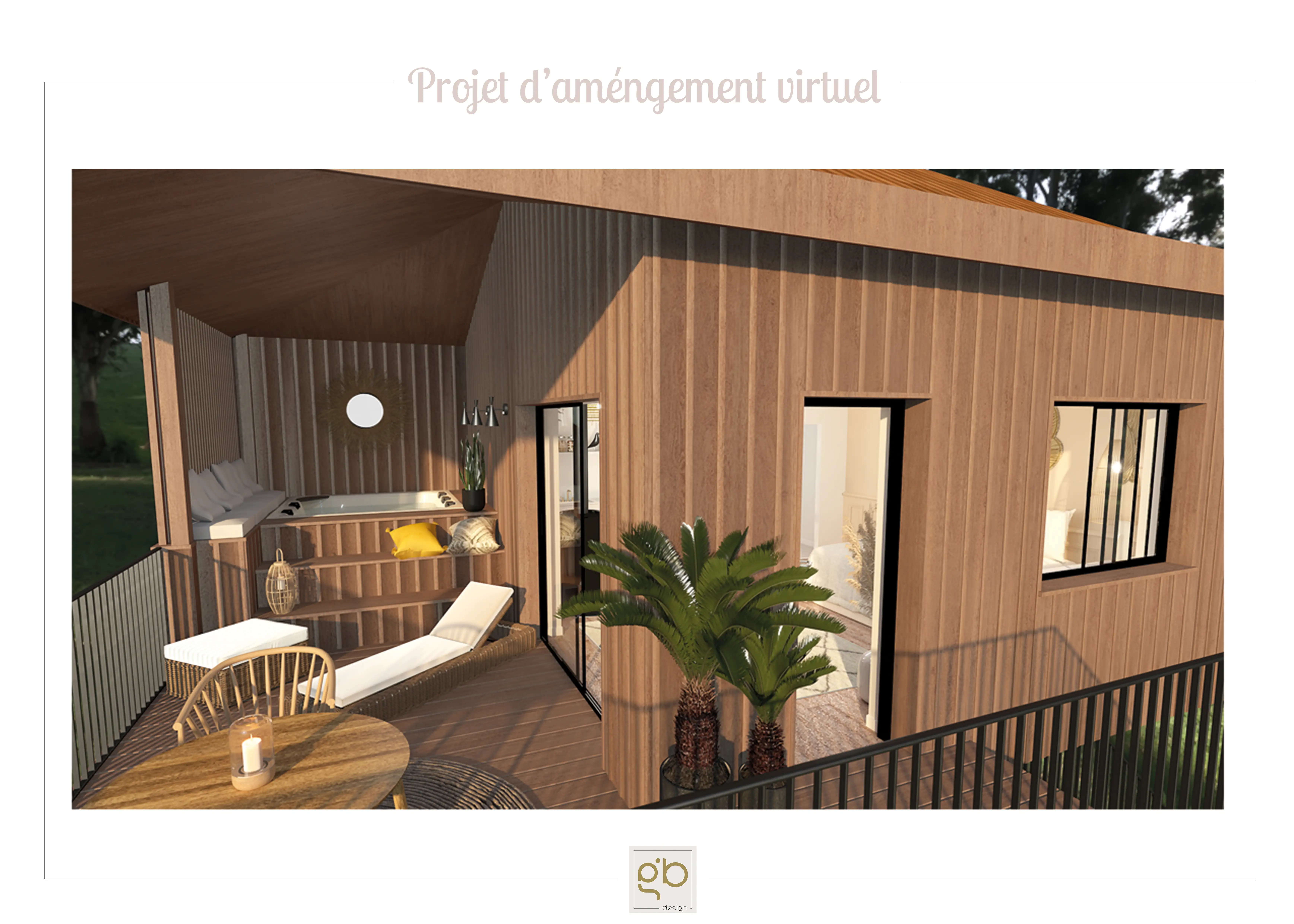 Rendu 3D de la façade en bardage bois vertical du gîte sur pilotis, terrasse couverte et palmiers en pot.