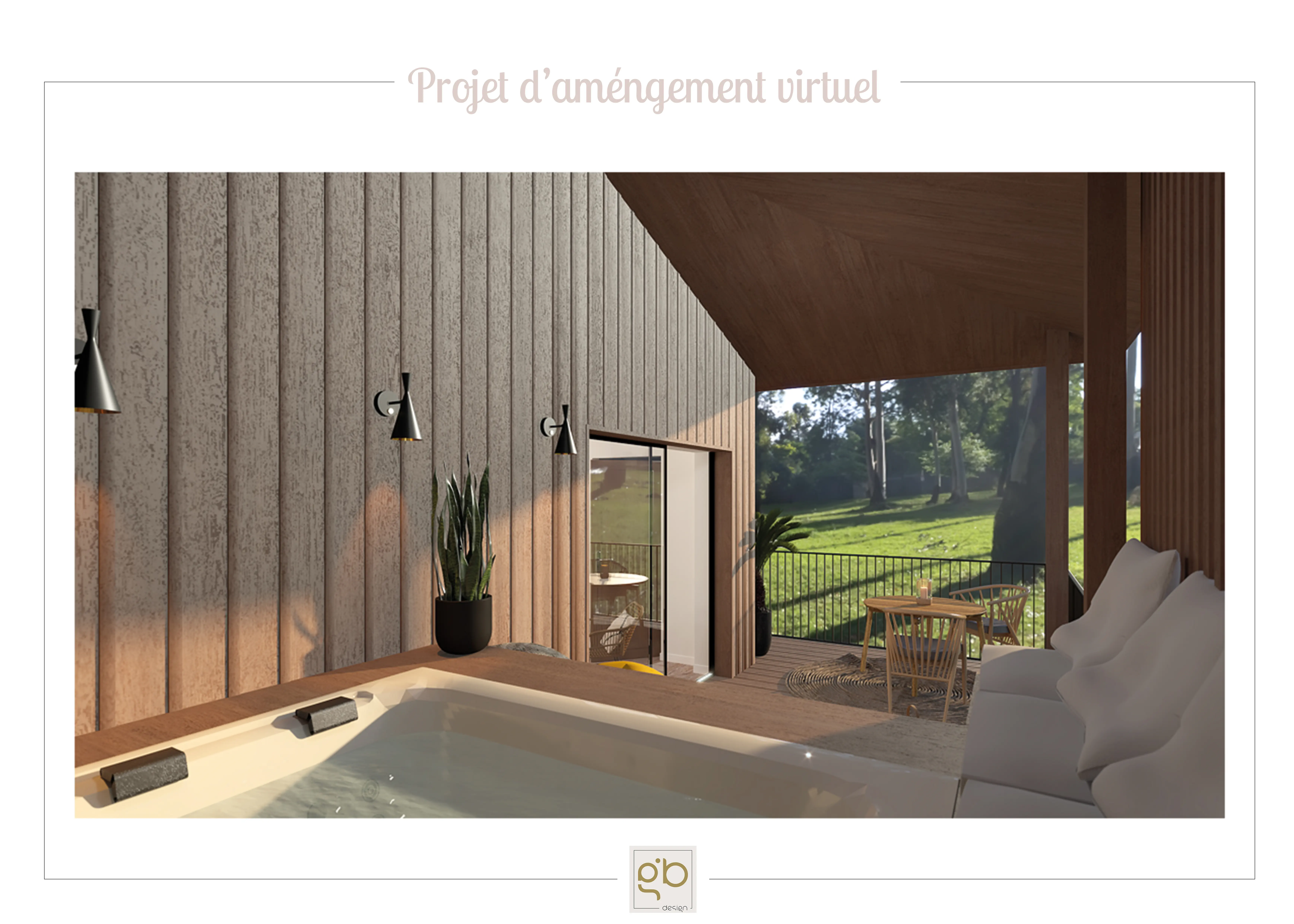 Rendu 3D de la terrasse couverte avec baignoire extérieure, bardage bois vertical et vue sur les arbres.