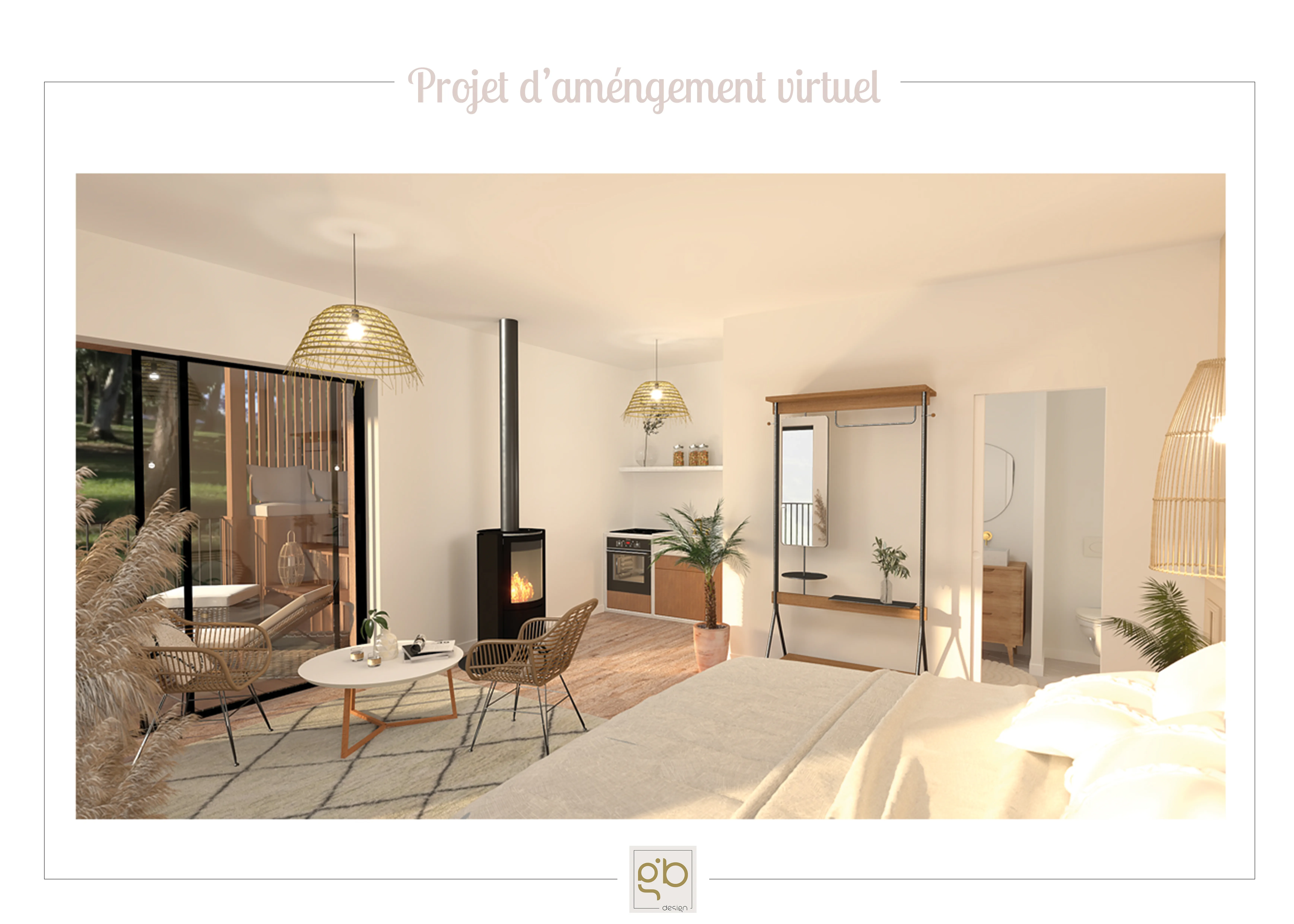 Rendu 3D de la chambre avec poêle à bois noir, fauteuils en rotin et table basse ronde.