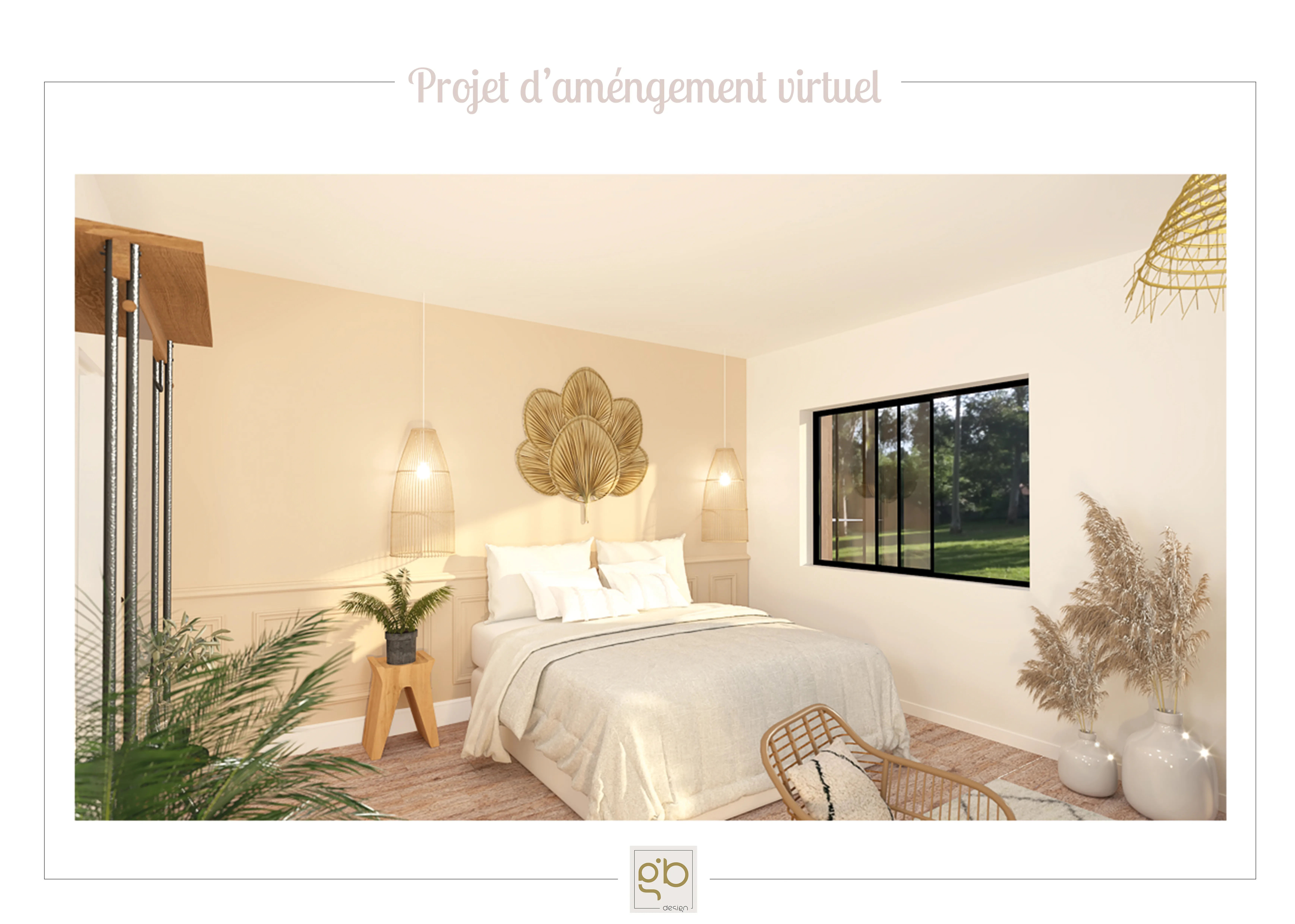 Rendu 3D de la chambre aux tons beiges, suspensions en rotin et décoration murale en palmier tressé.