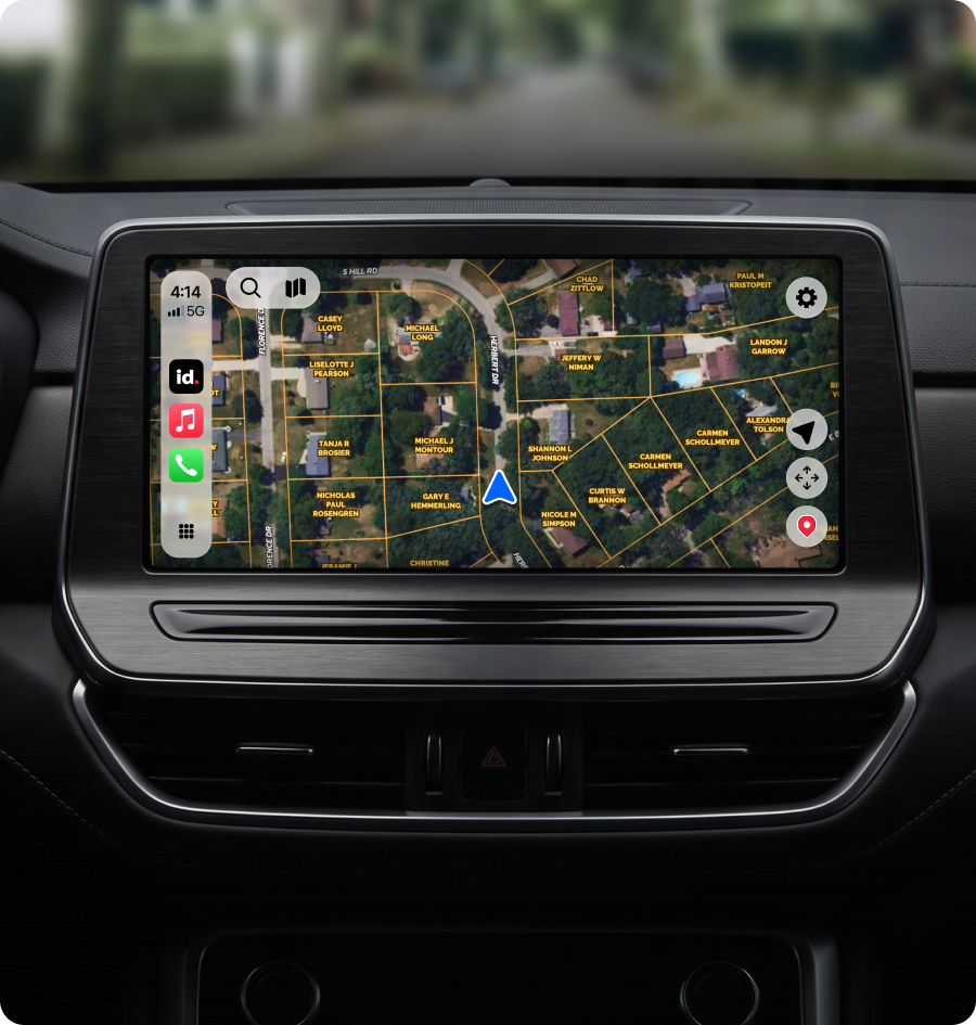 A Land id parcel map on a CarPlay dashboard screen