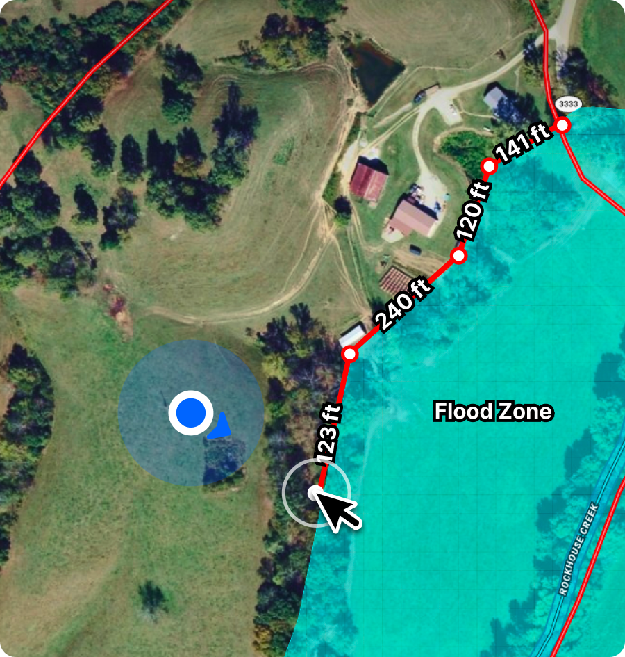 A Land id map shared to a phone, with measured distances to a flood zone